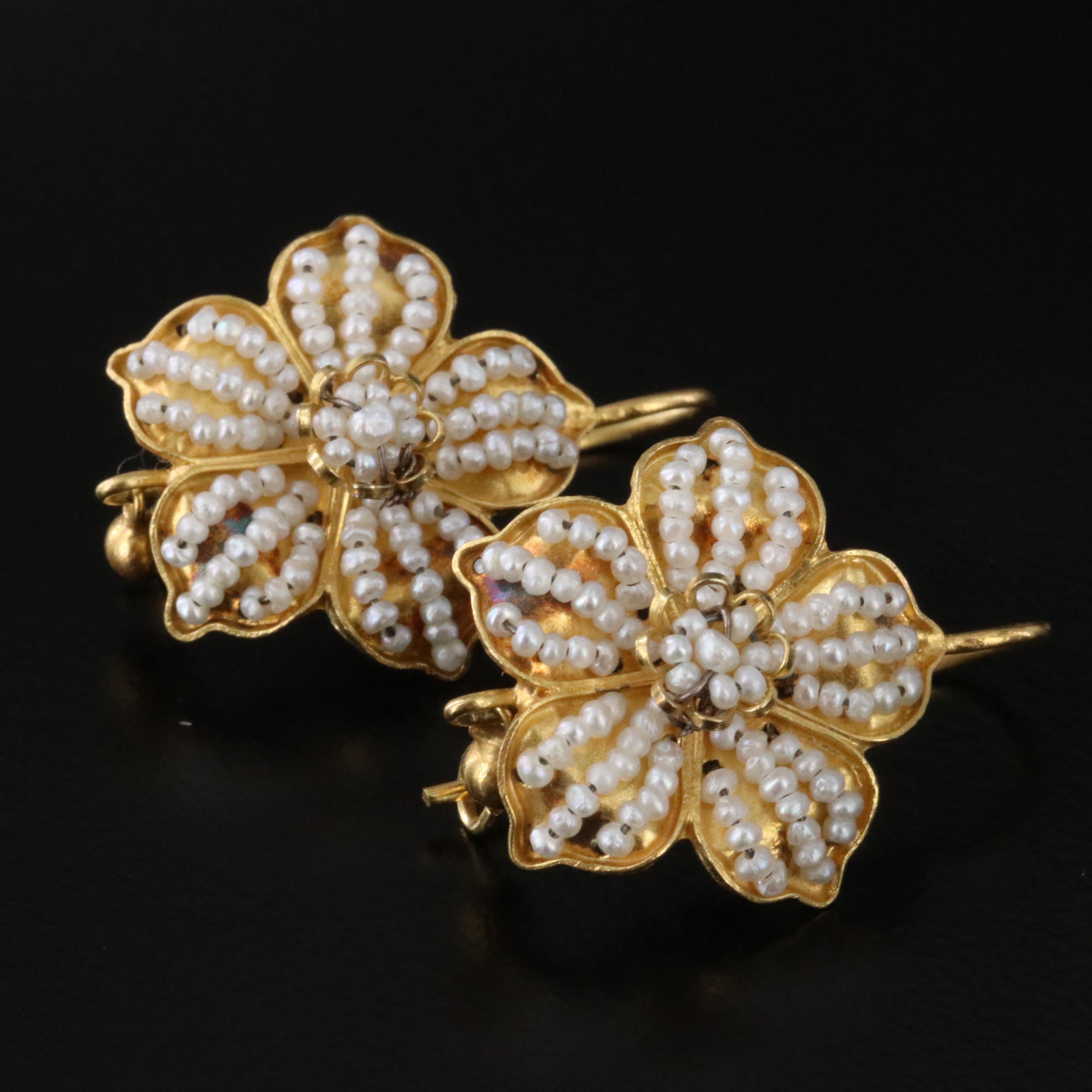 10K Seed Pearl Flower Necklace and Earrings Set