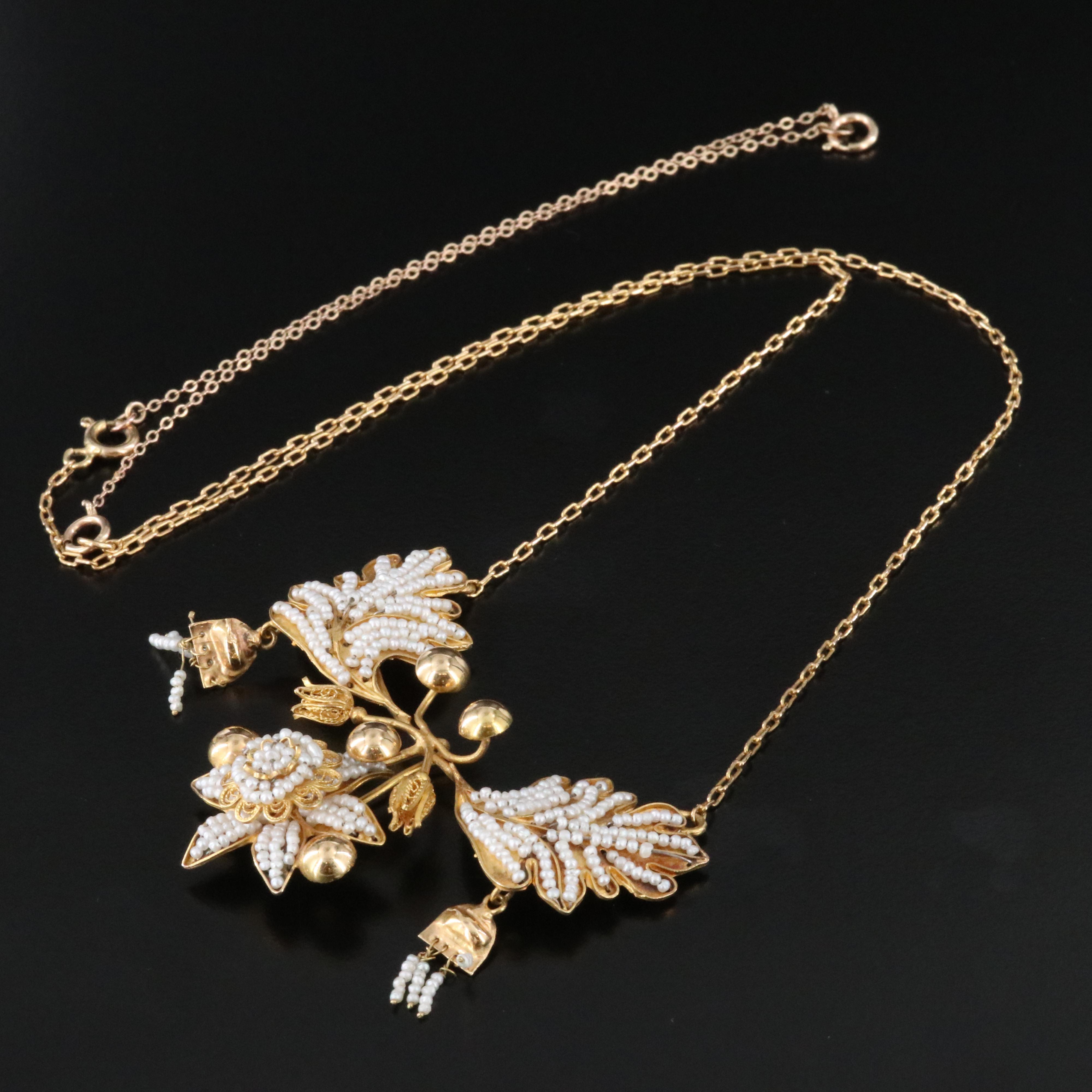10K Seed Pearl Flower Necklace and Earrings Set