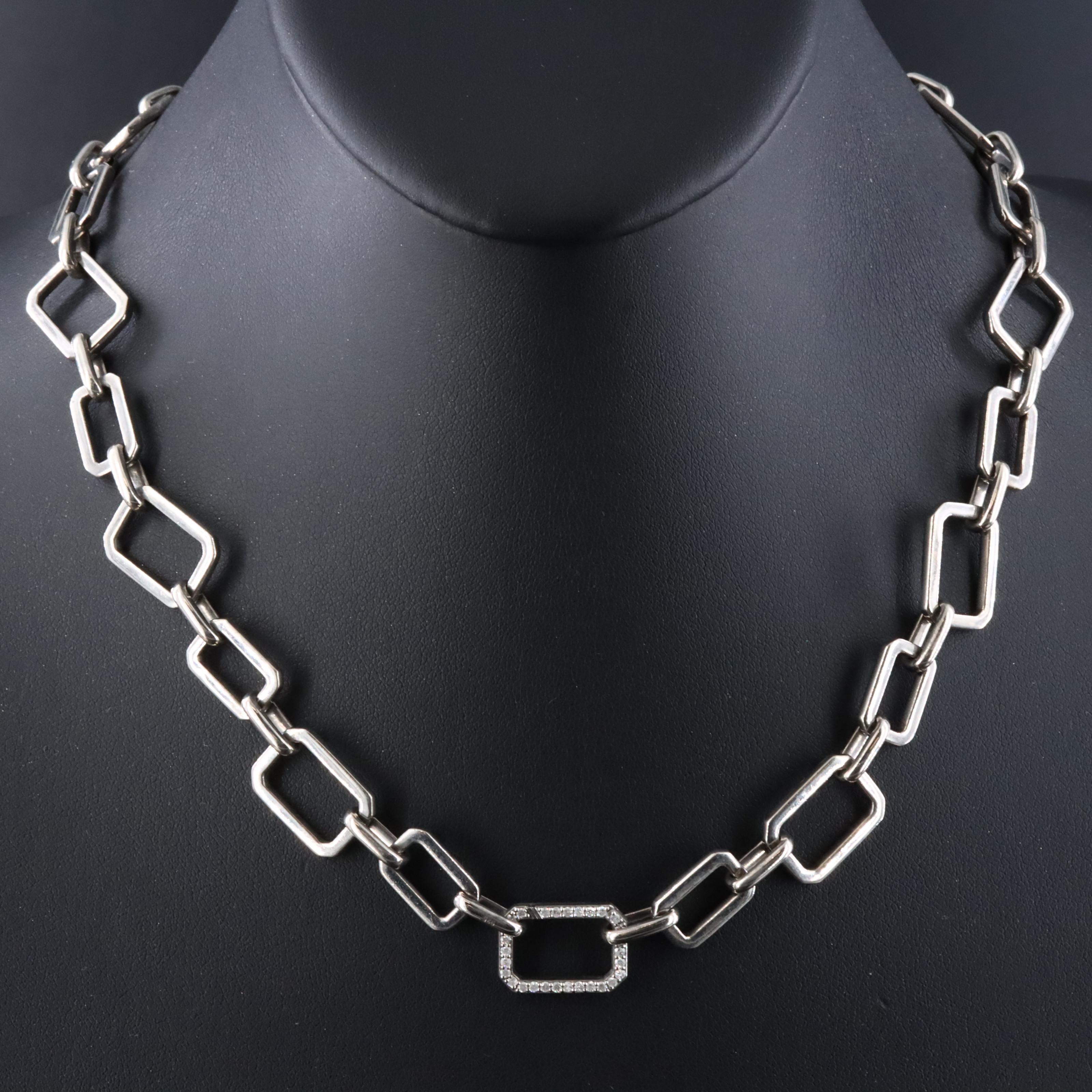 Sheryl Lowe Sterling Rectangular Link Necklace with Diamond Accents