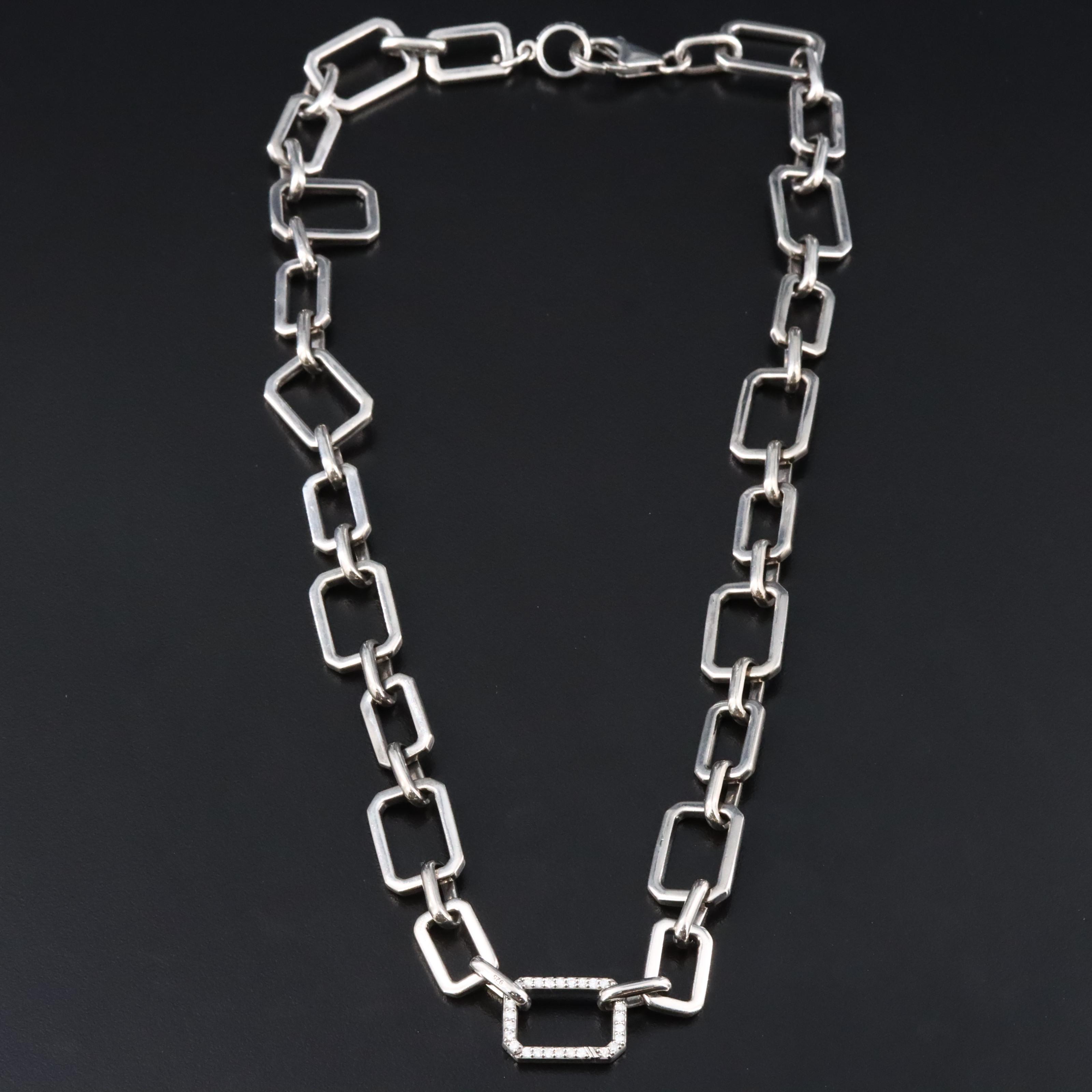 Sheryl Lowe Sterling Rectangular Link Necklace with Diamond Accents