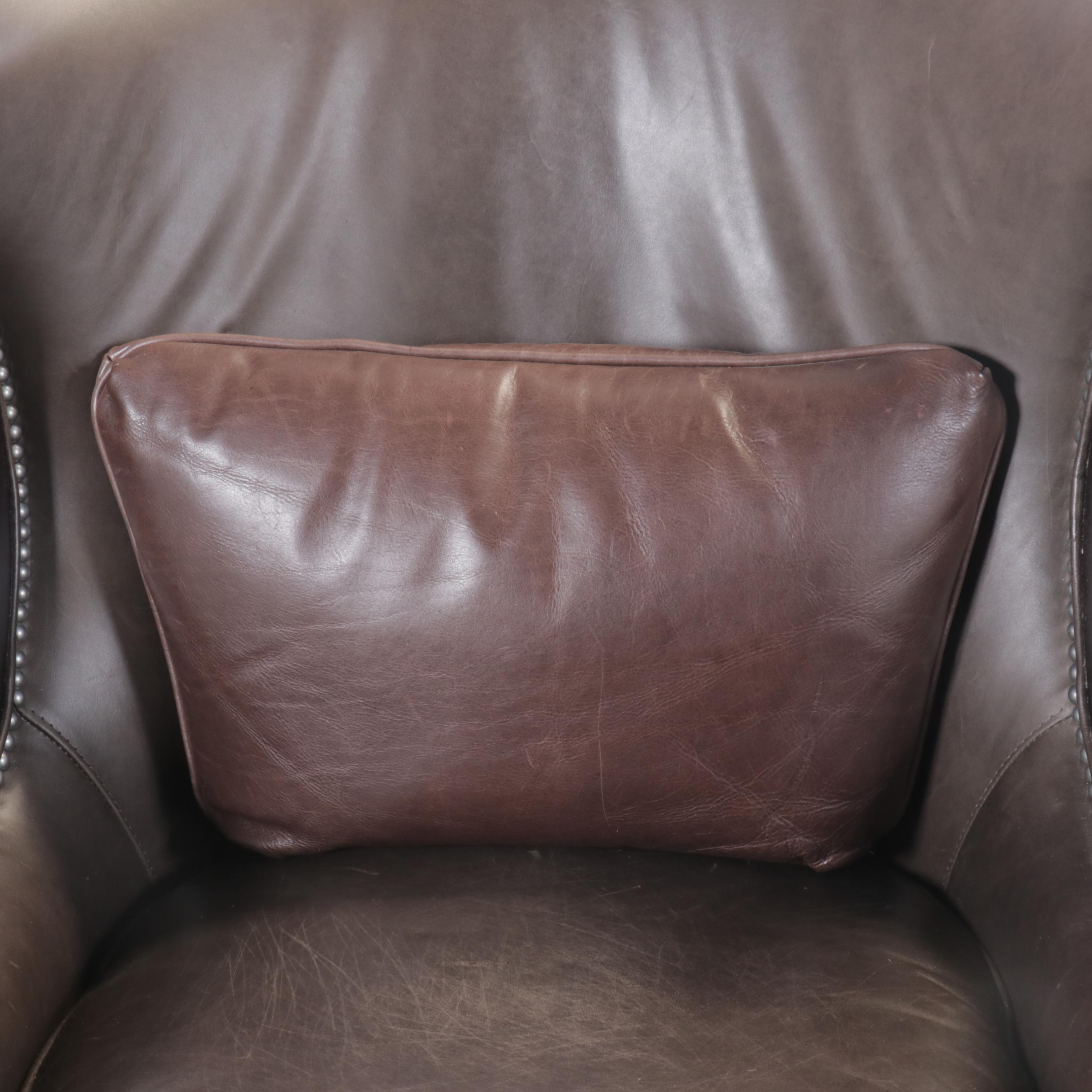 Camden Collection Nail Head Trim Cowhide Leather Wingback Armchair with Ottoman