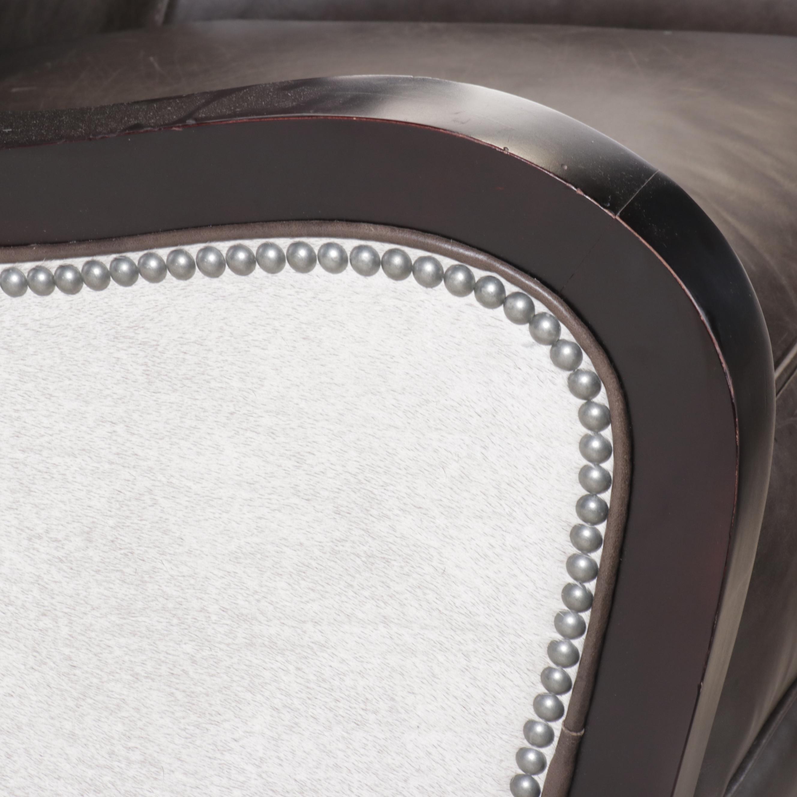 Camden Collection Nail Head Trim Cowhide Leather Wingback Armchair with Ottoman