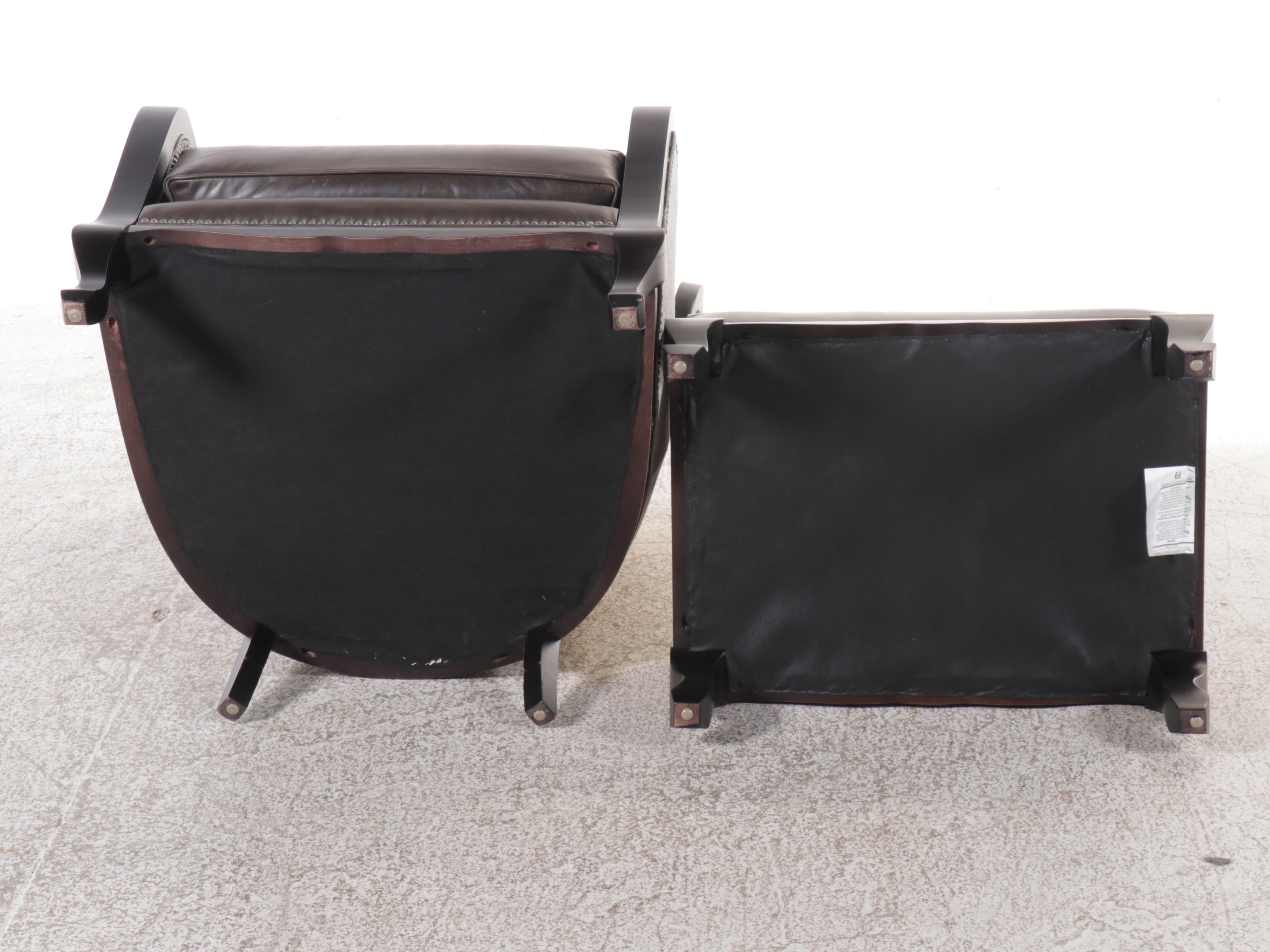 Camden Collection Nail Head Trim Cowhide Leather Wingback Armchair with Ottoman