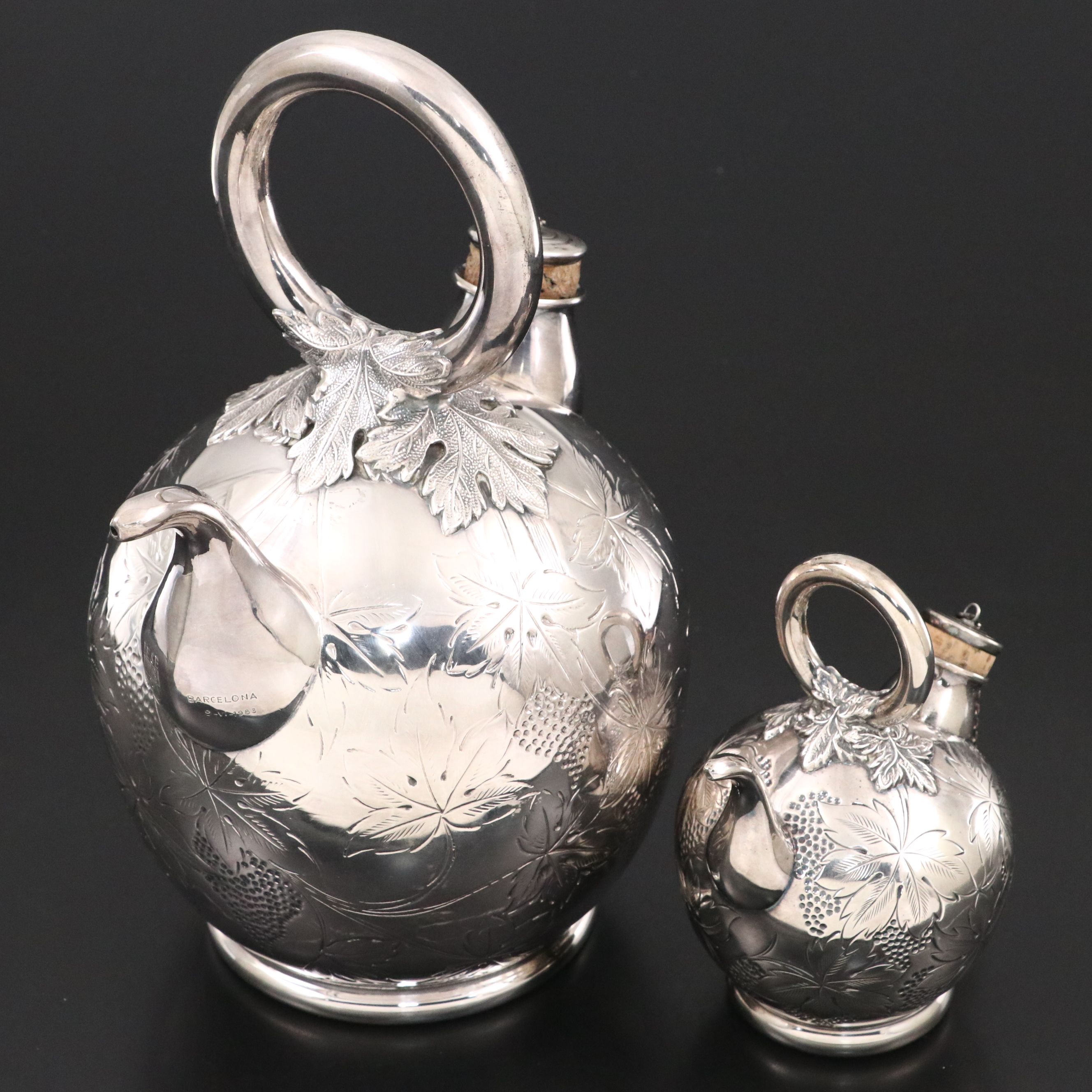 Vintage Pasgorcy Spanish Sterling Silver Wine and Porrón Pitchers, 20th Century