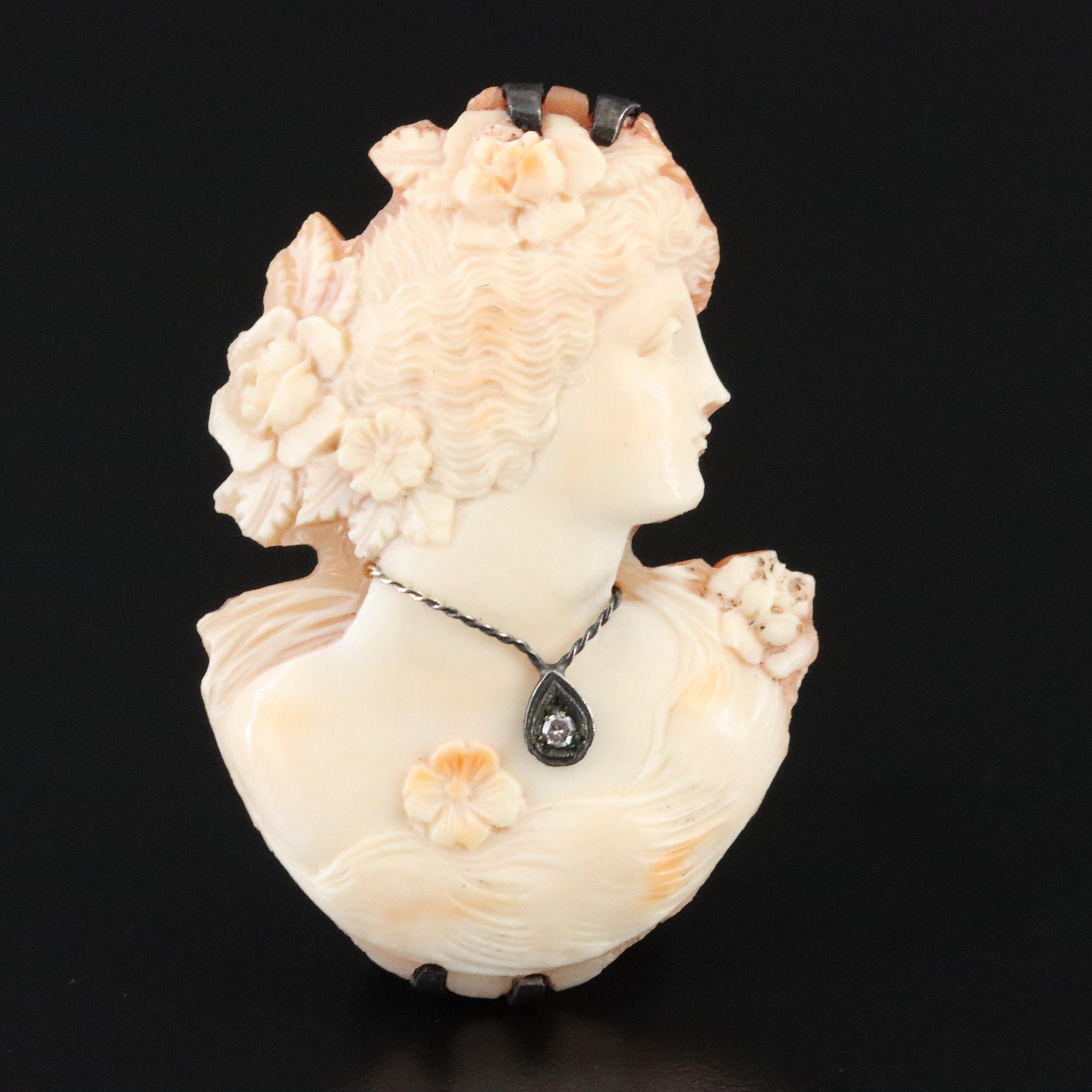 Sterling Habillé Diamond and Shell Cameo Brooch with 10K Accent