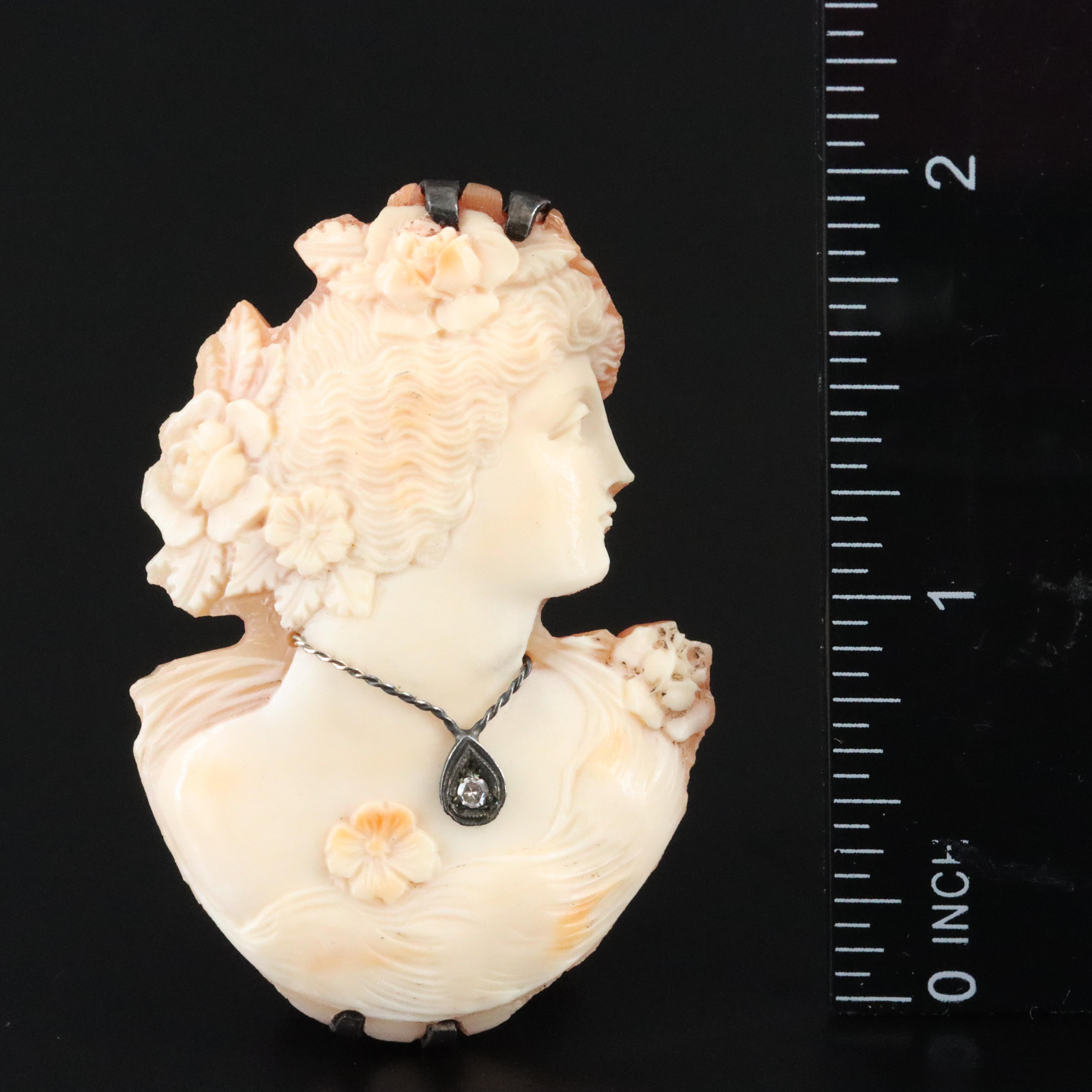 Sterling Habillé Diamond and Shell Cameo Brooch with 10K Accent