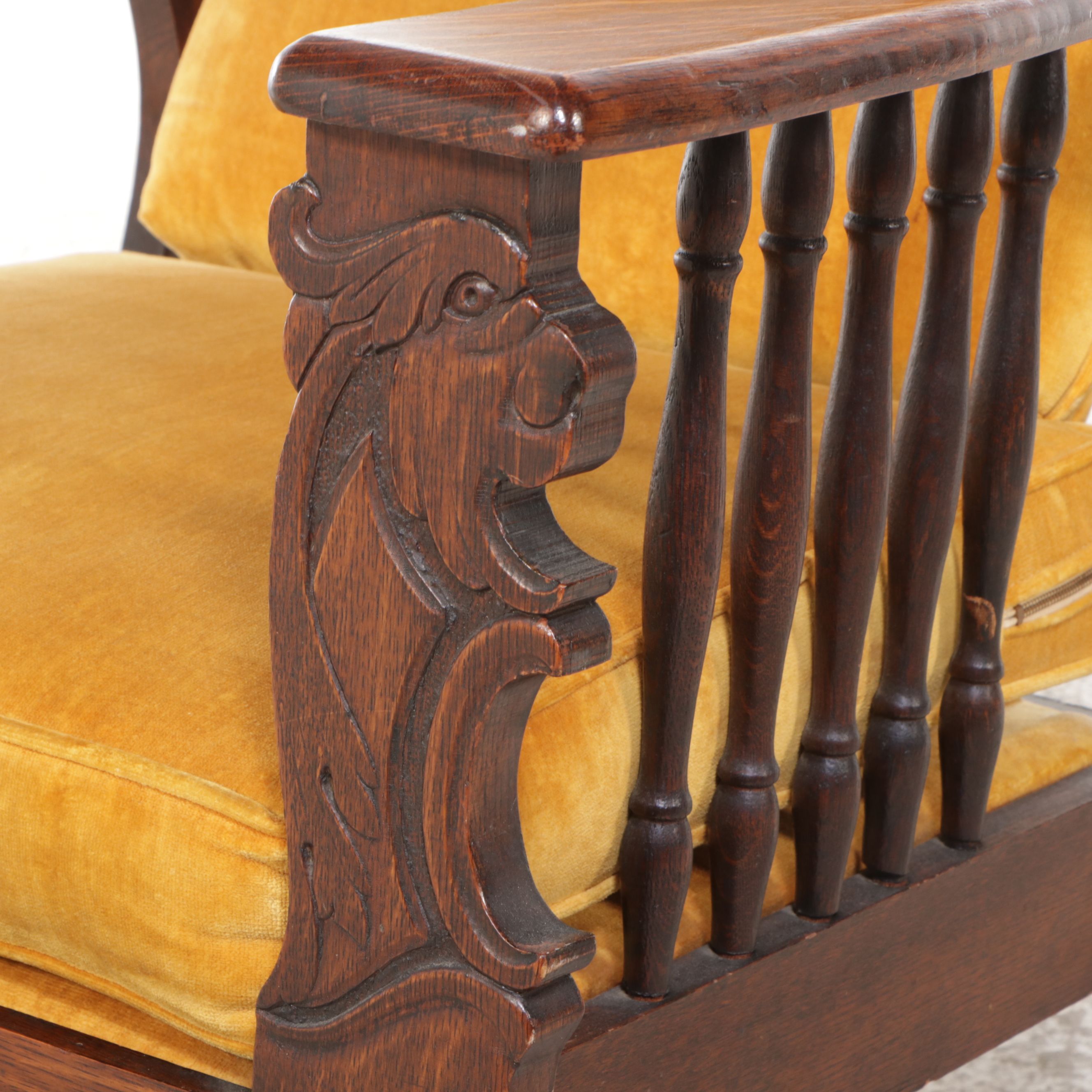 Morris-Style Carved Oak Rocking Chair with Lion's Head Arms, Early 20th Century