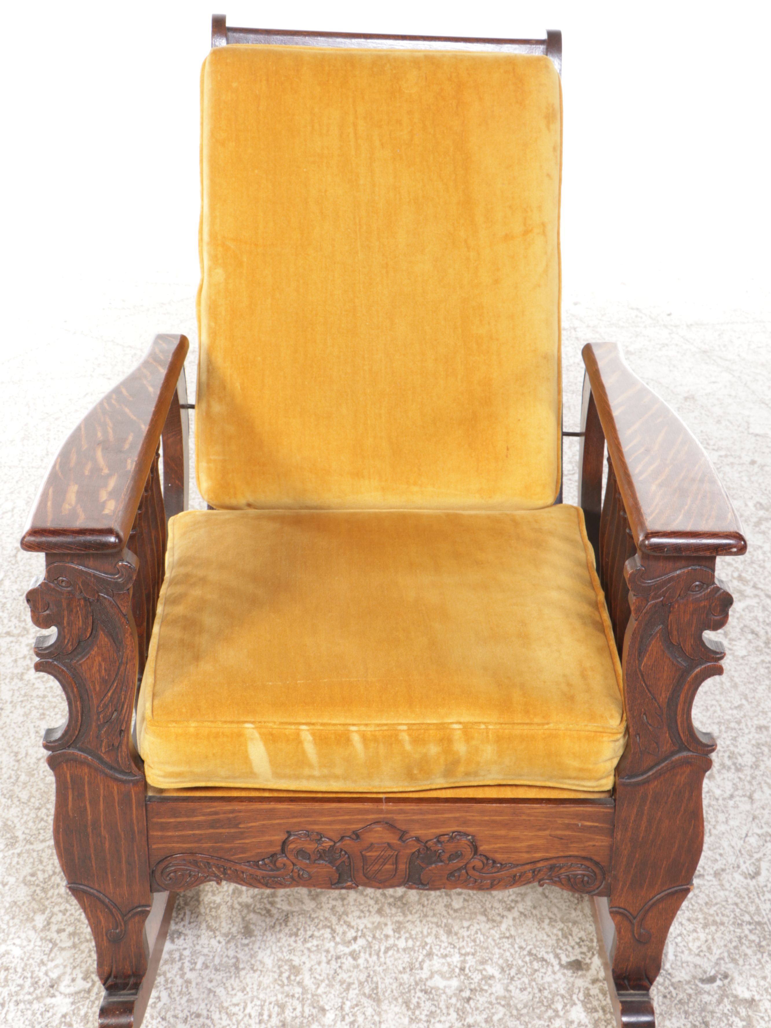 Morris-Style Carved Oak Rocking Chair with Lion's Head Arms, Early 20th Century
