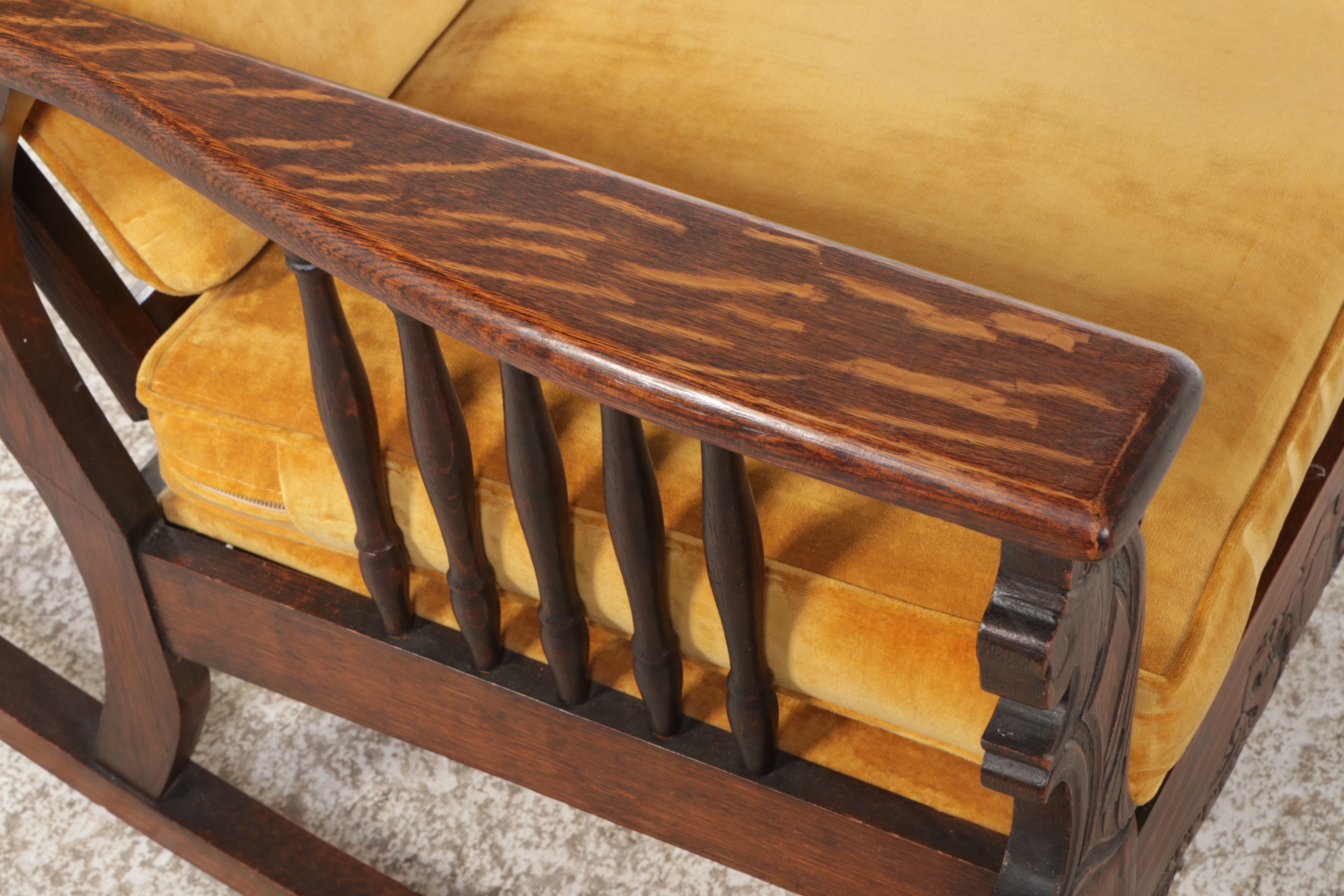 Morris-Style Carved Oak Rocking Chair with Lion's Head Arms, Early 20th Century