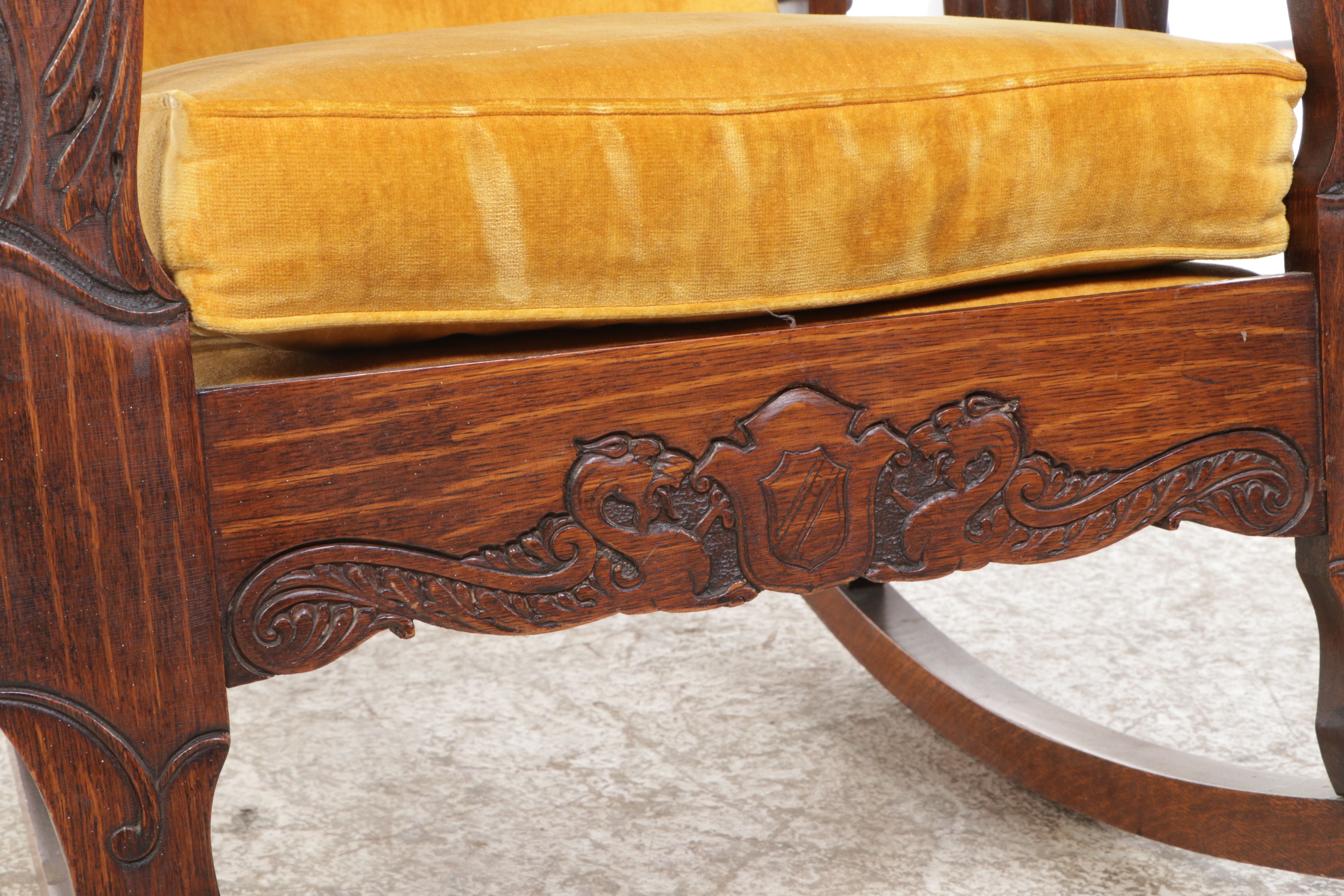 Morris-Style Carved Oak Rocking Chair with Lion's Head Arms, Early 20th Century