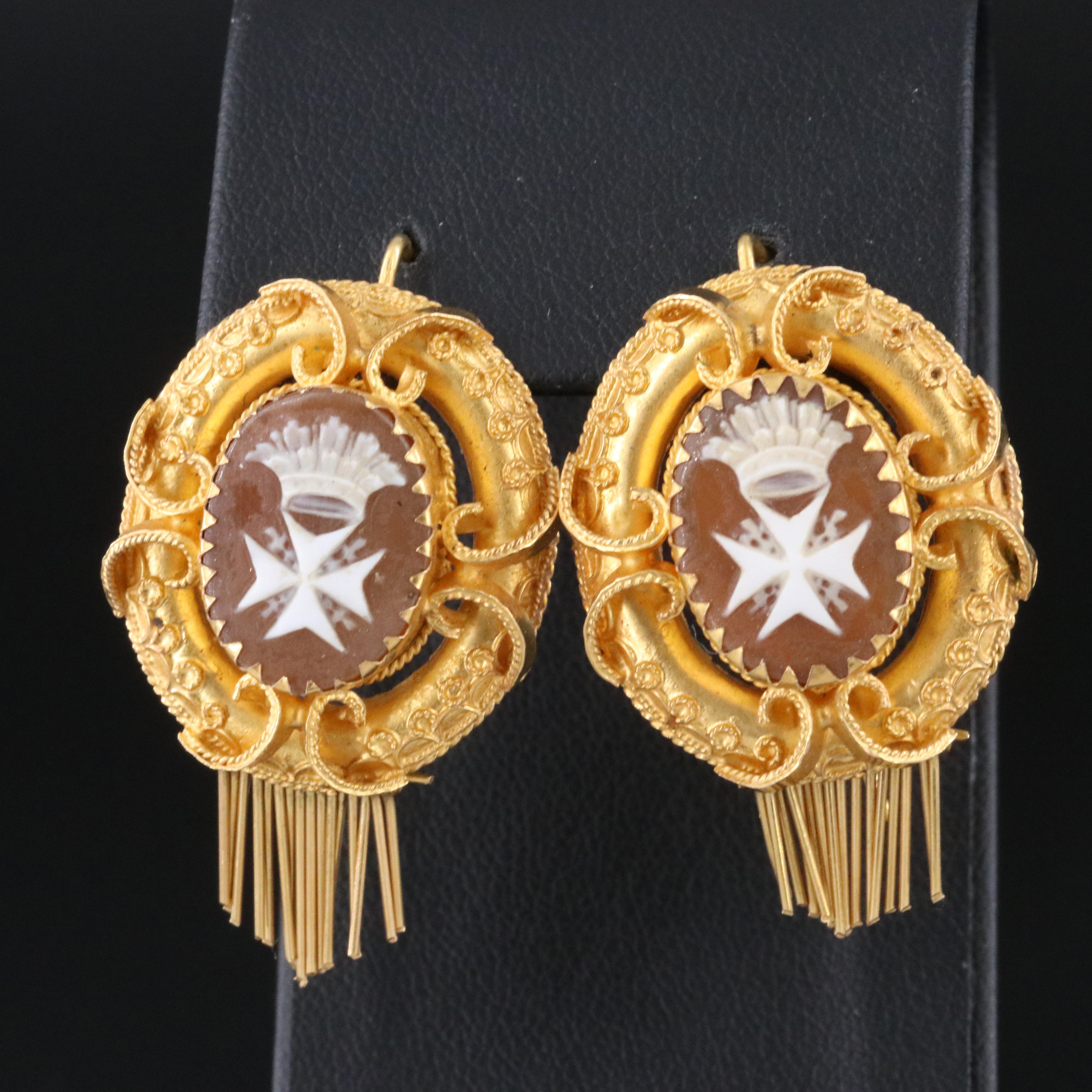 18K Maltese Cross and Crown Shell Cameo Earrings