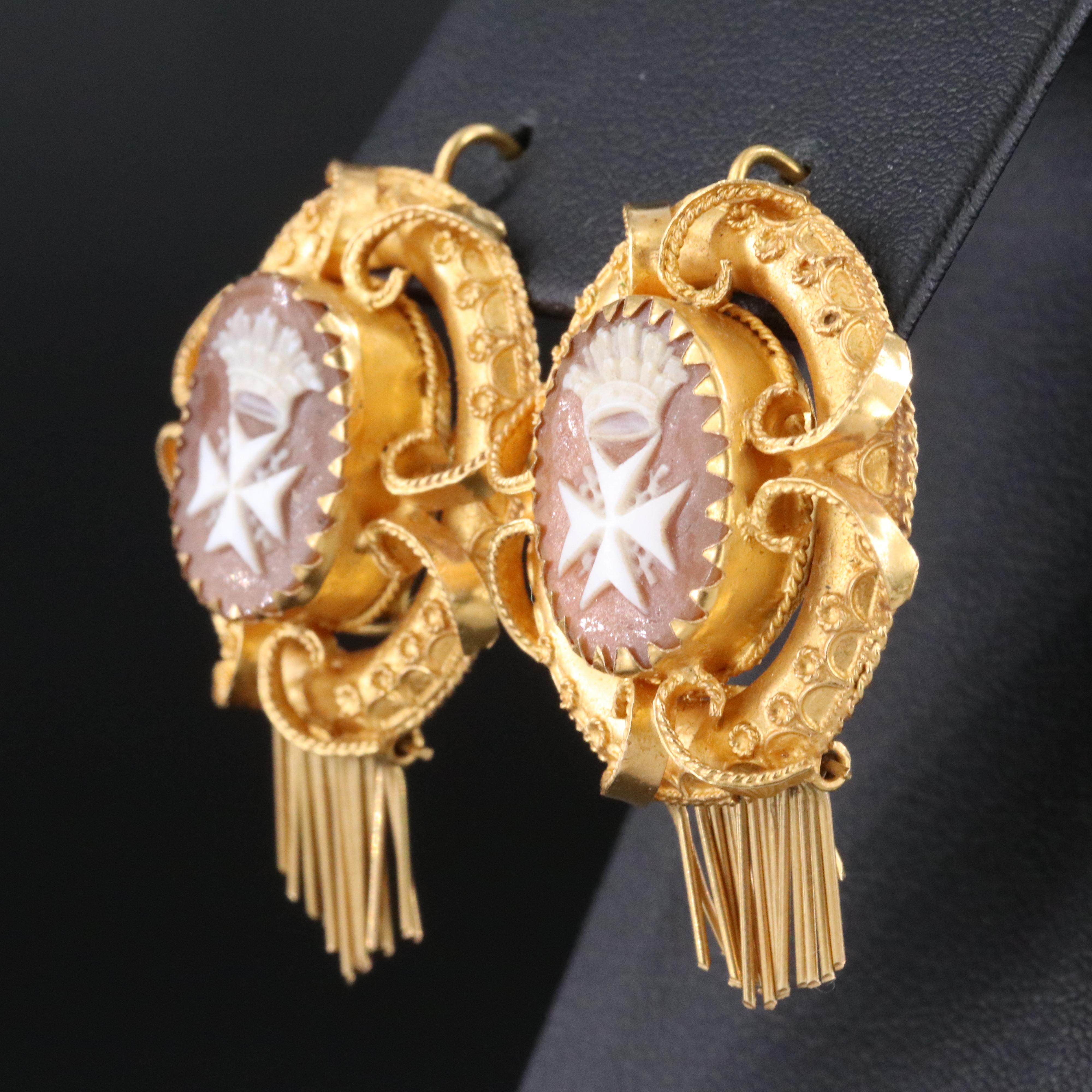 18K Maltese Cross and Crown Shell Cameo Earrings