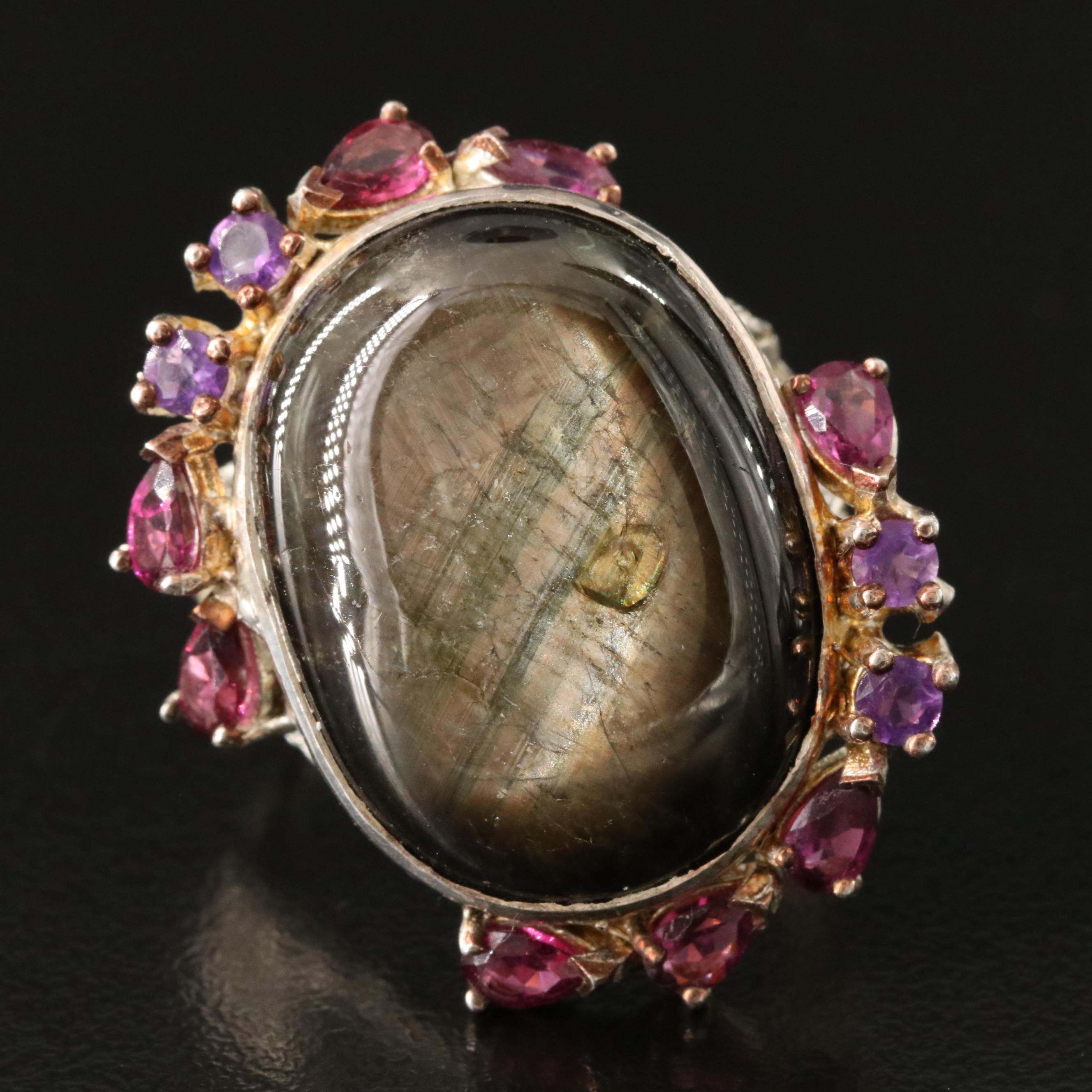 Sterling Star Sapphire, Amethyst and Garnet Ring