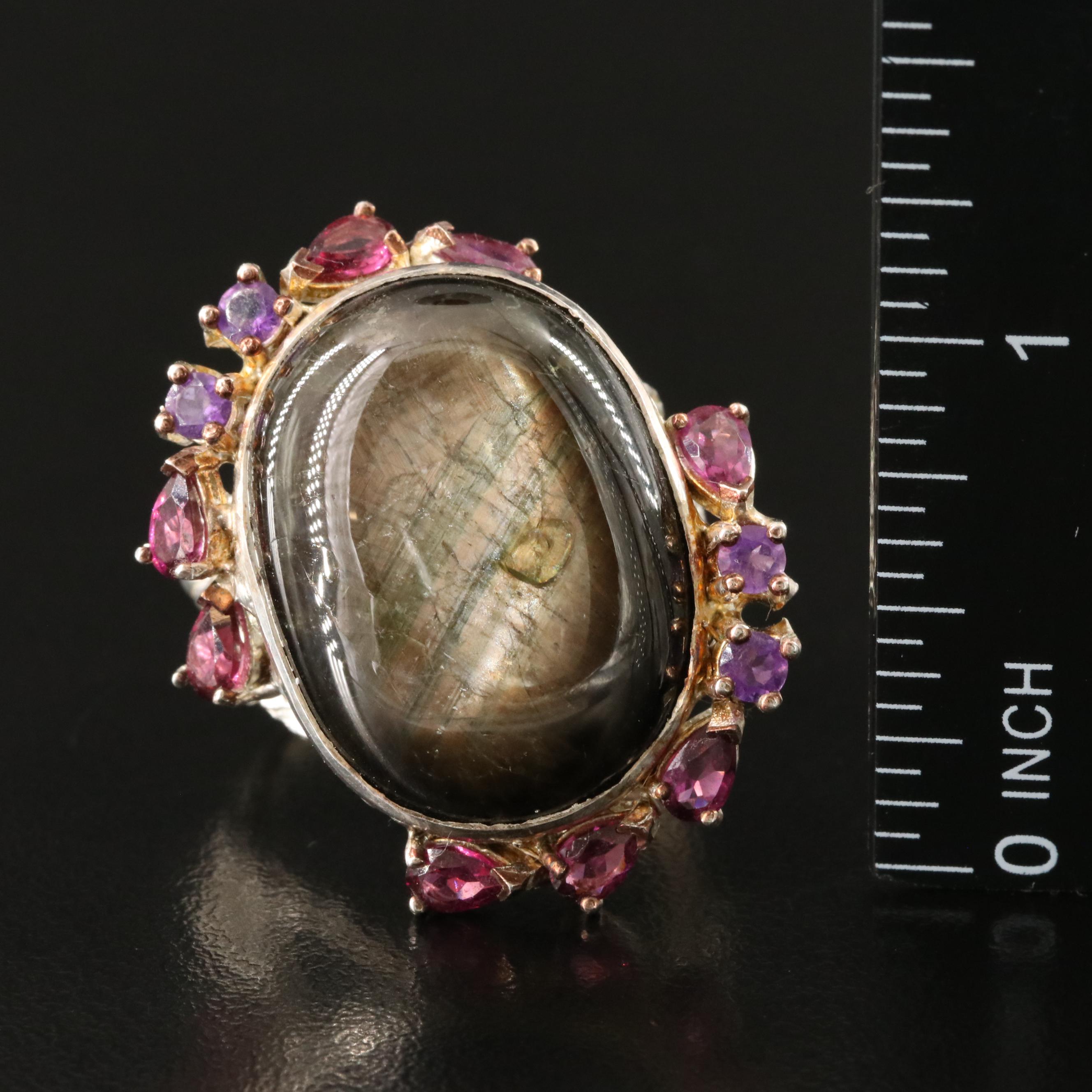 Sterling Star Sapphire, Amethyst and Garnet Ring