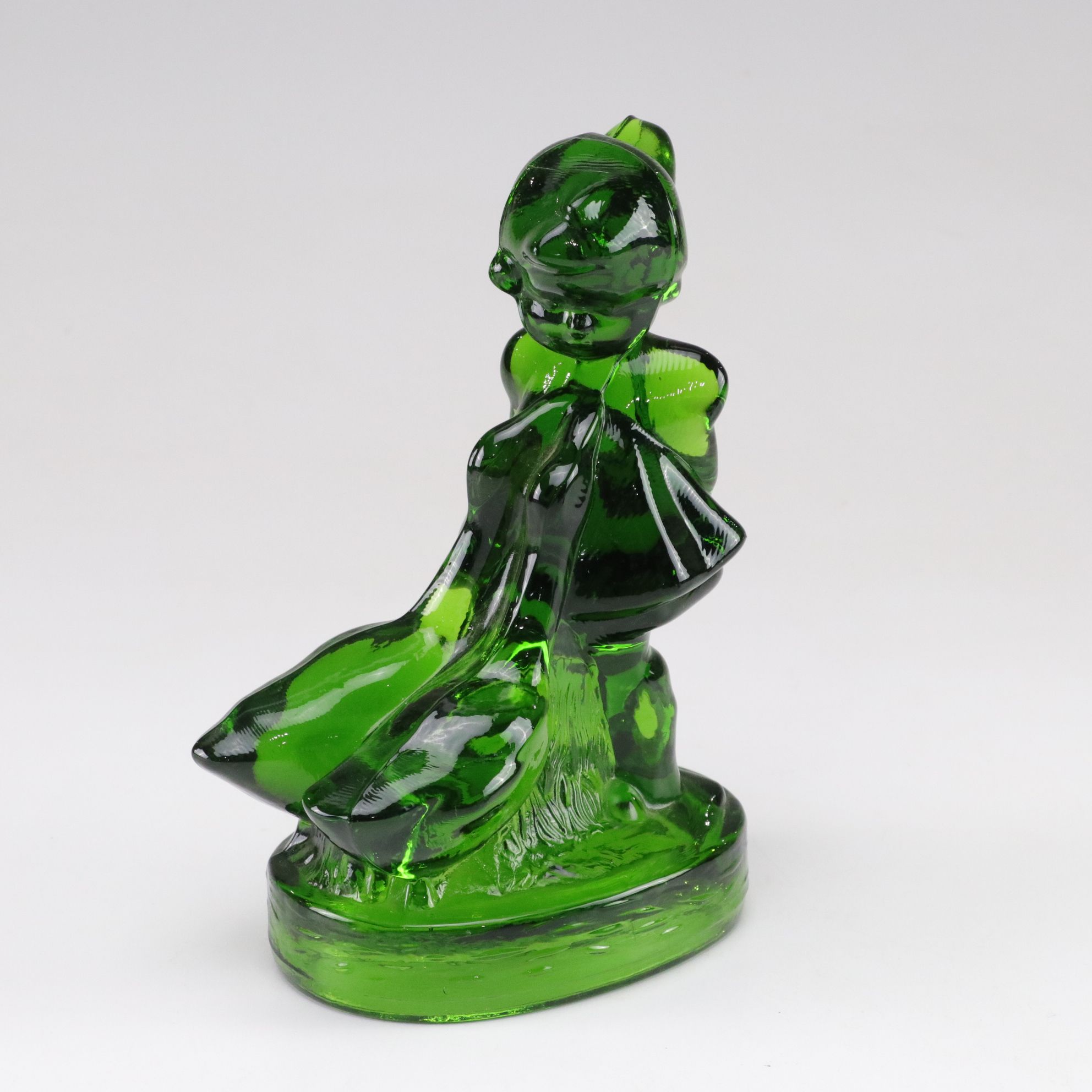 Emerald L.E. Smith Glass Hummel "Goose Girl" With Other Glass Figurines
