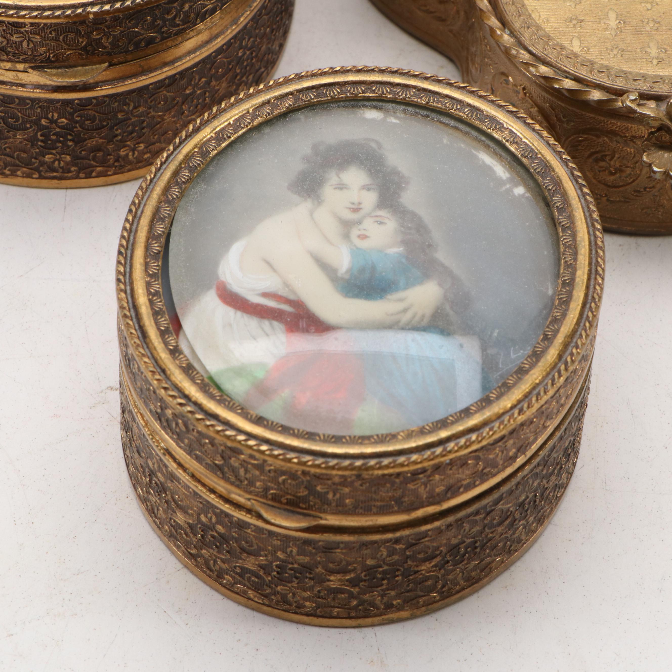 French Style Miniature Portrait Gilt Metal Jewelry Boxes