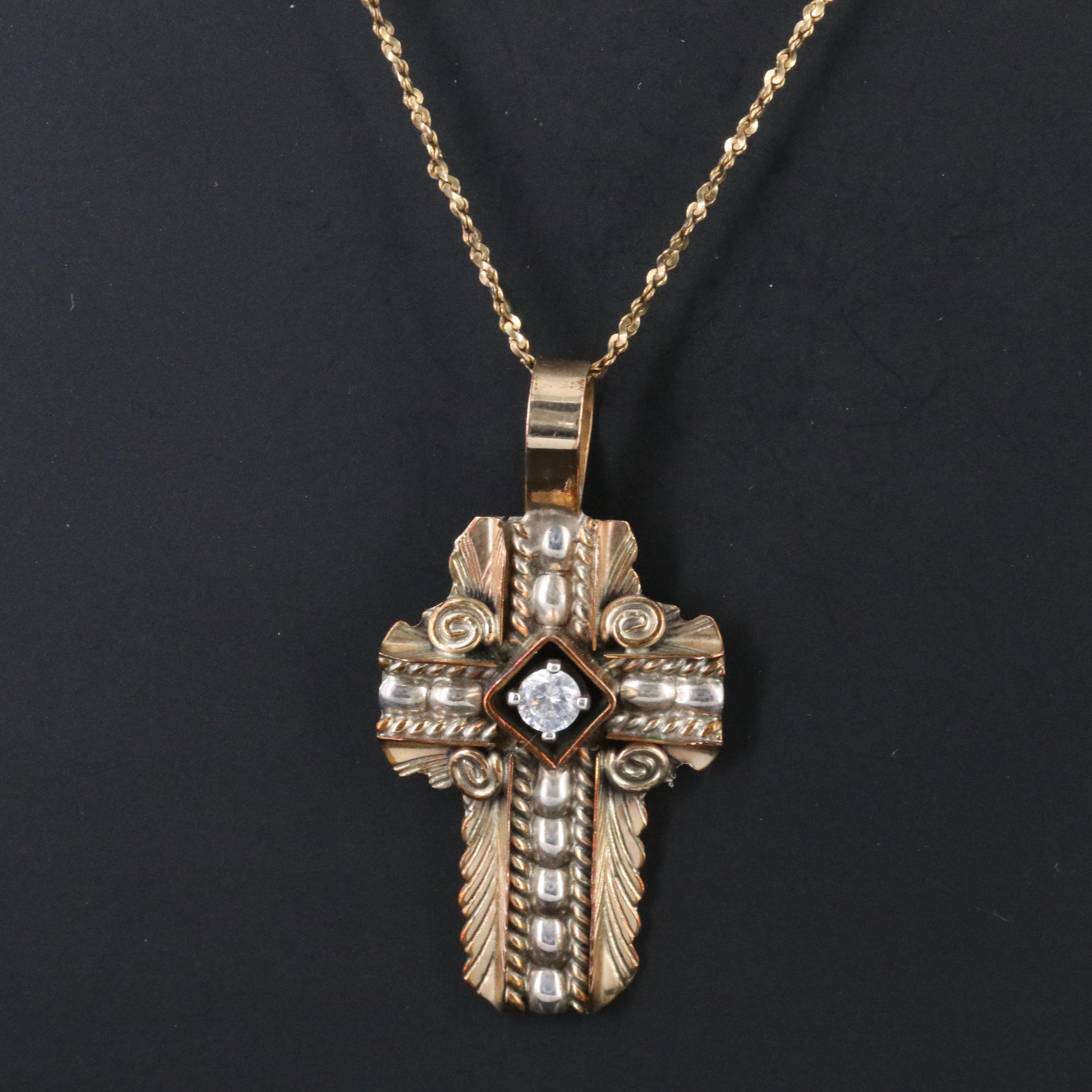 Sterling Signed CZ Cross Pendant Necklace