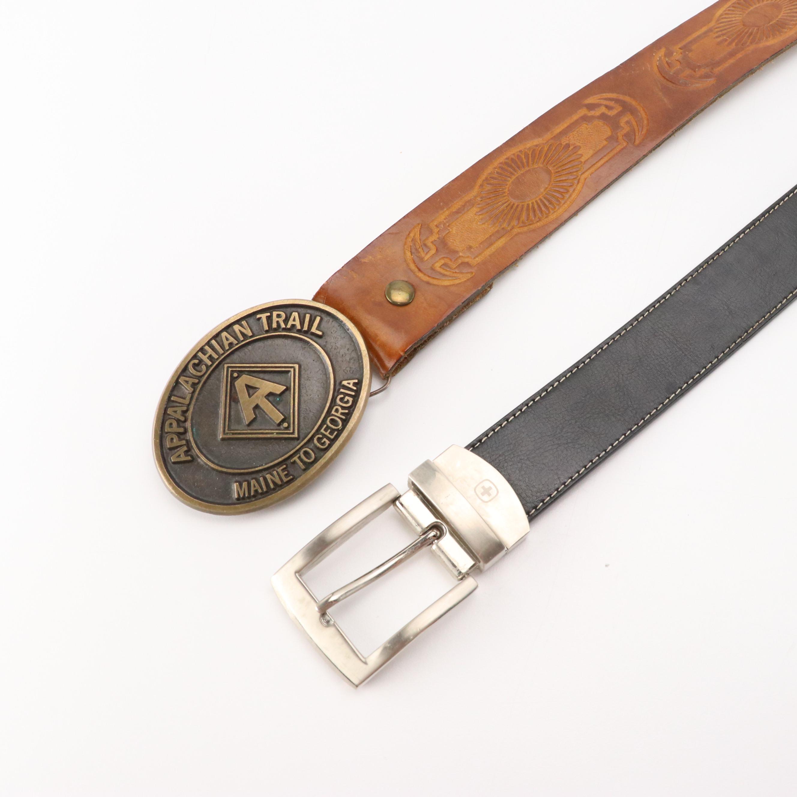Tooled Leather and Leather/Bonded Leather Belts with Other Trophy Belt Buckle