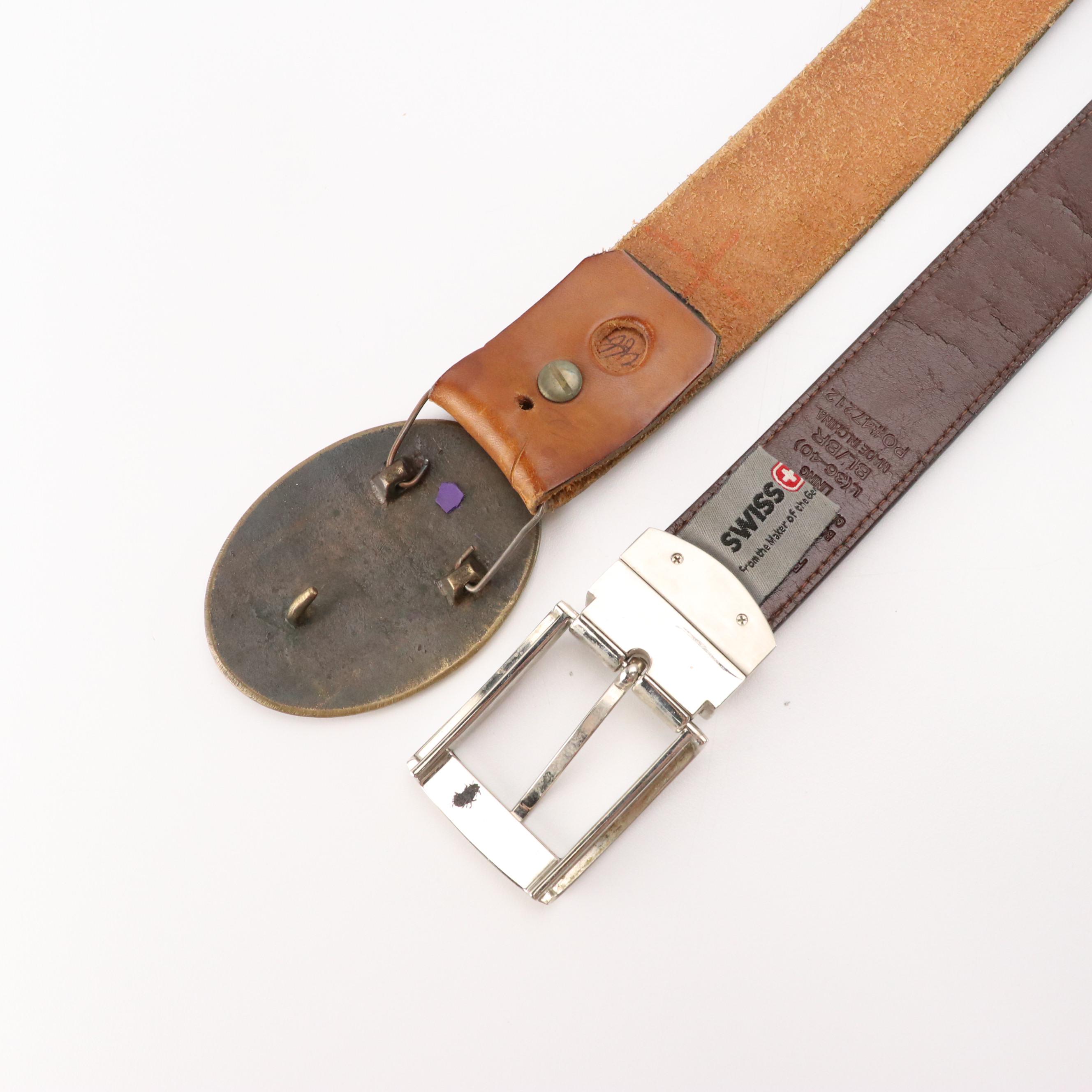 Tooled Leather and Leather/Bonded Leather Belts with Other Trophy Belt Buckle