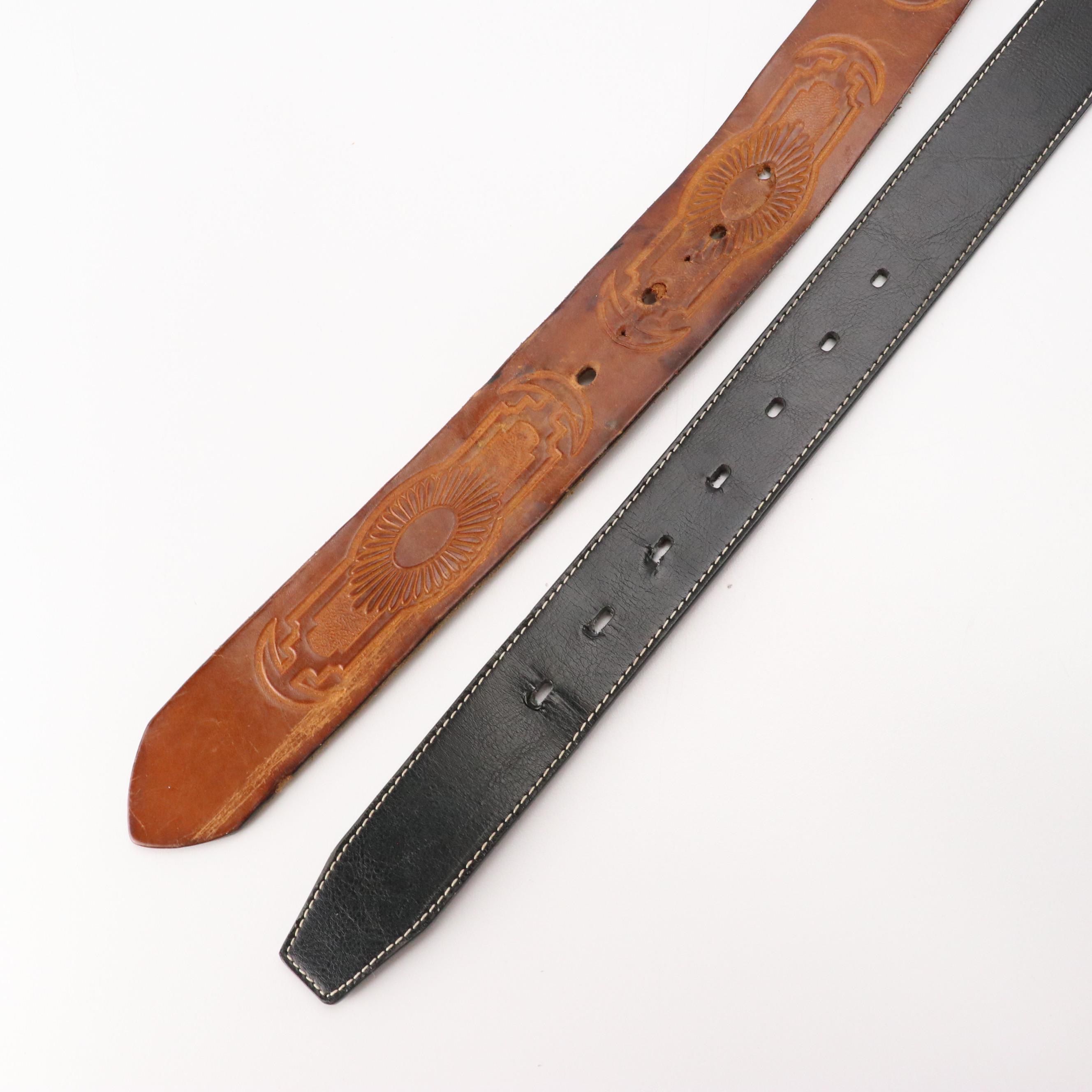 Tooled Leather and Leather/Bonded Leather Belts with Other Trophy Belt Buckle