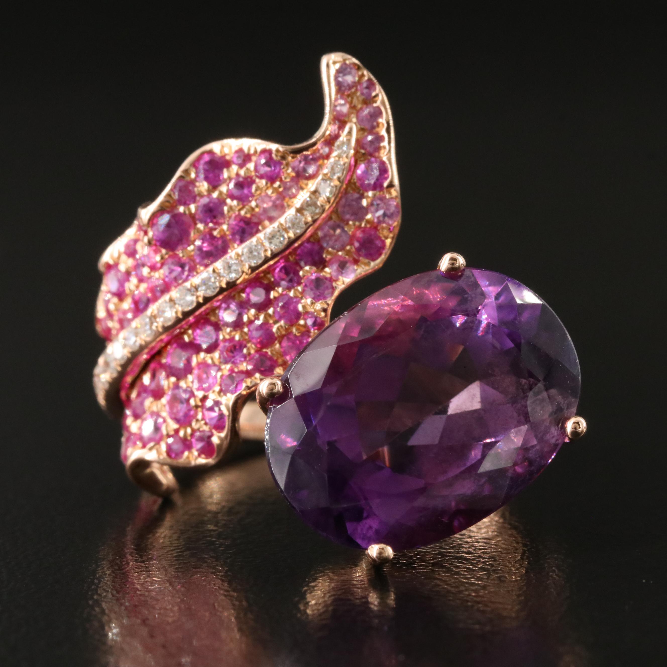 18K Rose Gold 9.60 CT Amethyst, Pink Sapphire and Diamond Bypass Ring
