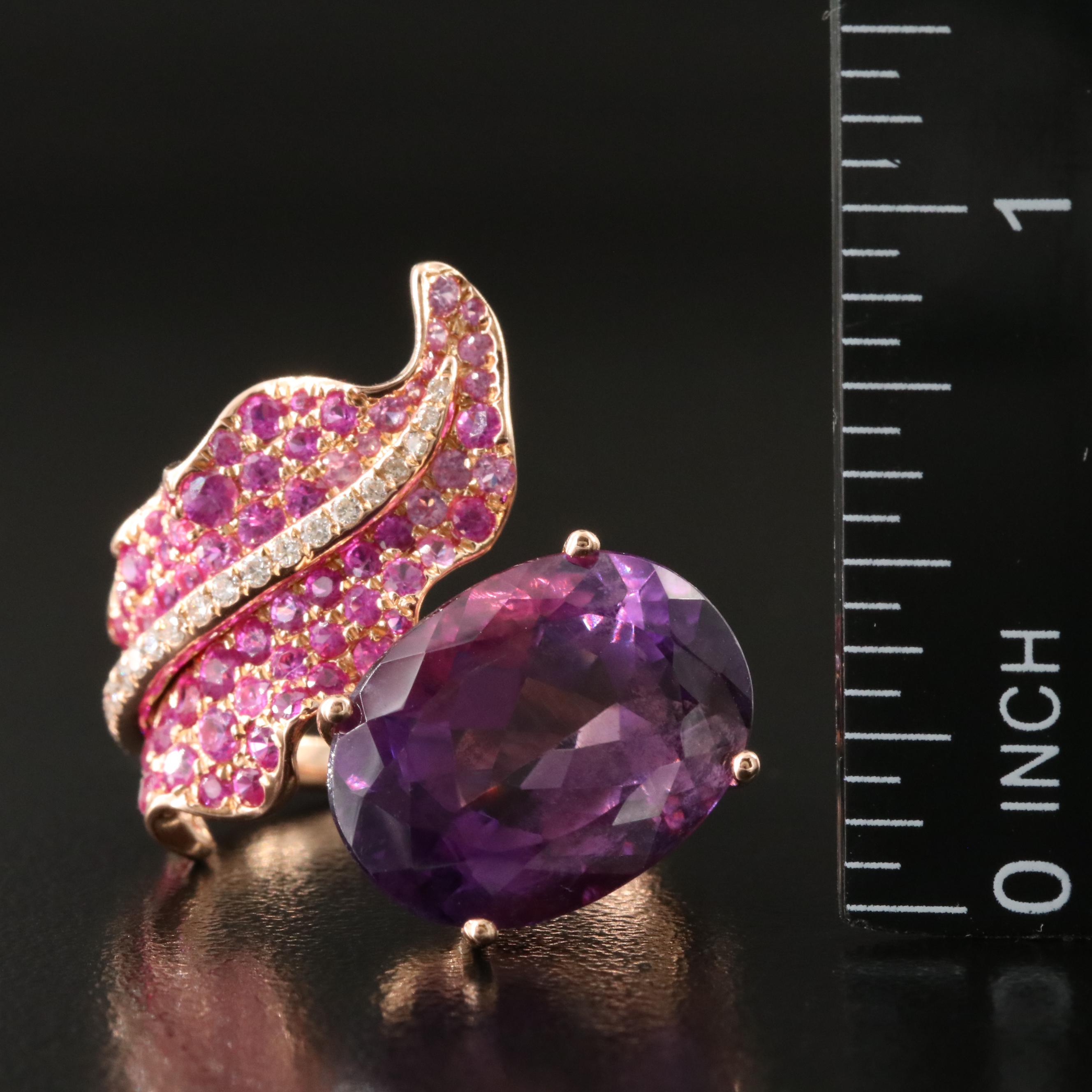 18K Rose Gold 9.60 CT Amethyst, Pink Sapphire and Diamond Bypass Ring