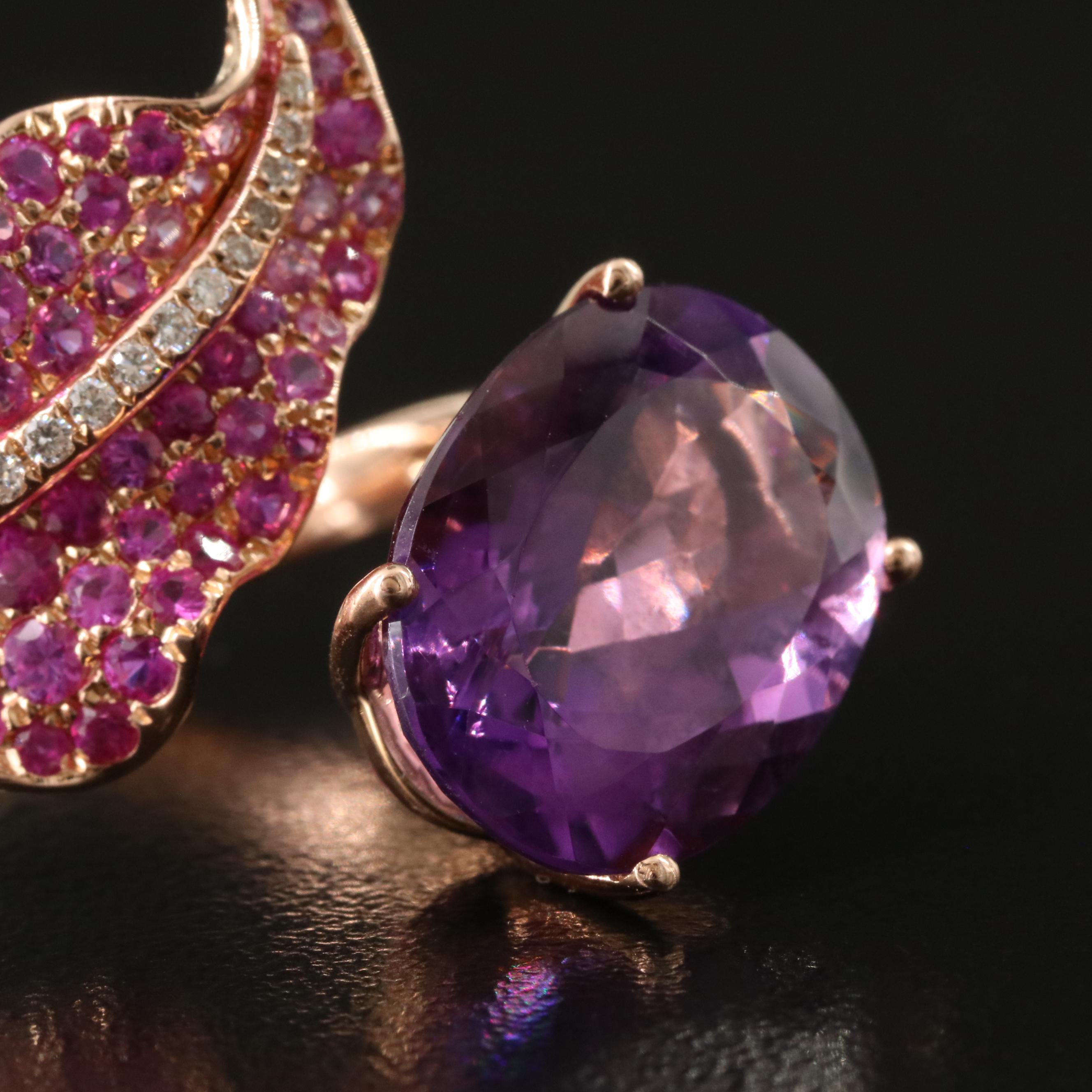 18K Rose Gold 9.60 CT Amethyst, Pink Sapphire and Diamond Bypass Ring