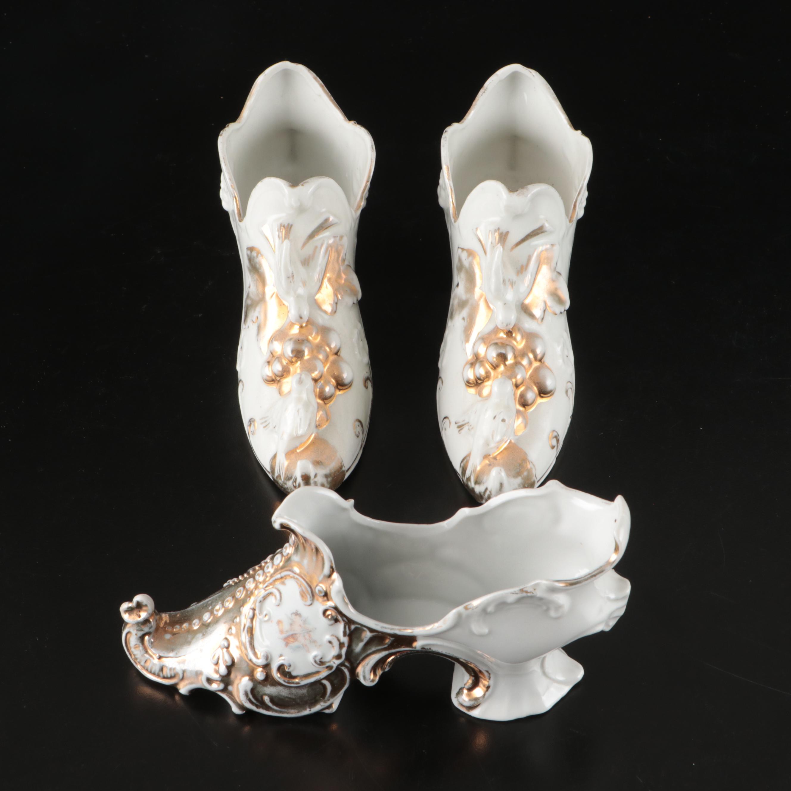 Victorian Style Gilt Accented Porcelain Shoe Vases, Early to Mid-20th Century