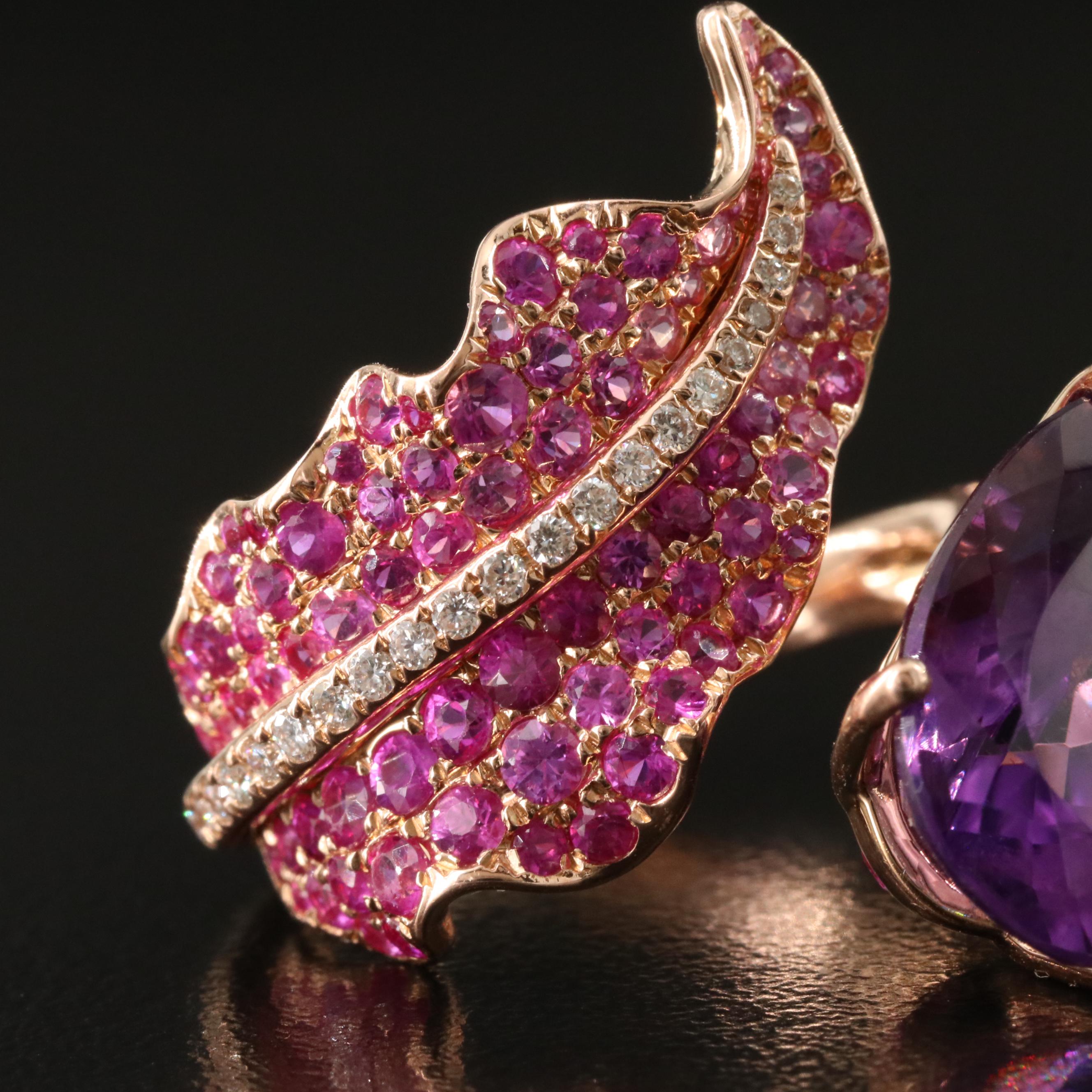 18K Rose Gold 9.60 CT Amethyst, Pink Sapphire and Diamond Bypass Ring