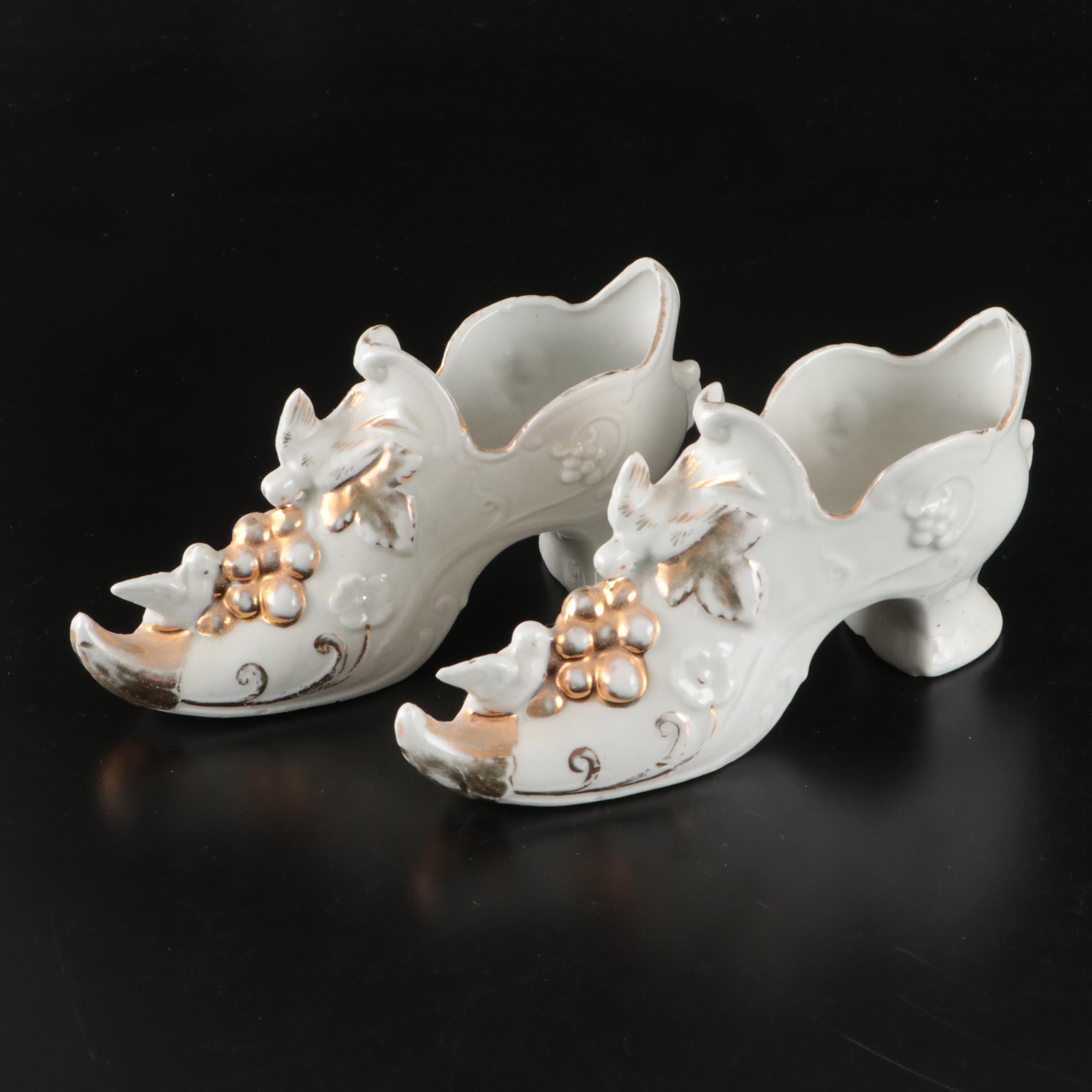 Victorian Style Gilt Accented Porcelain Shoe Vases, Early to Mid-20th Century