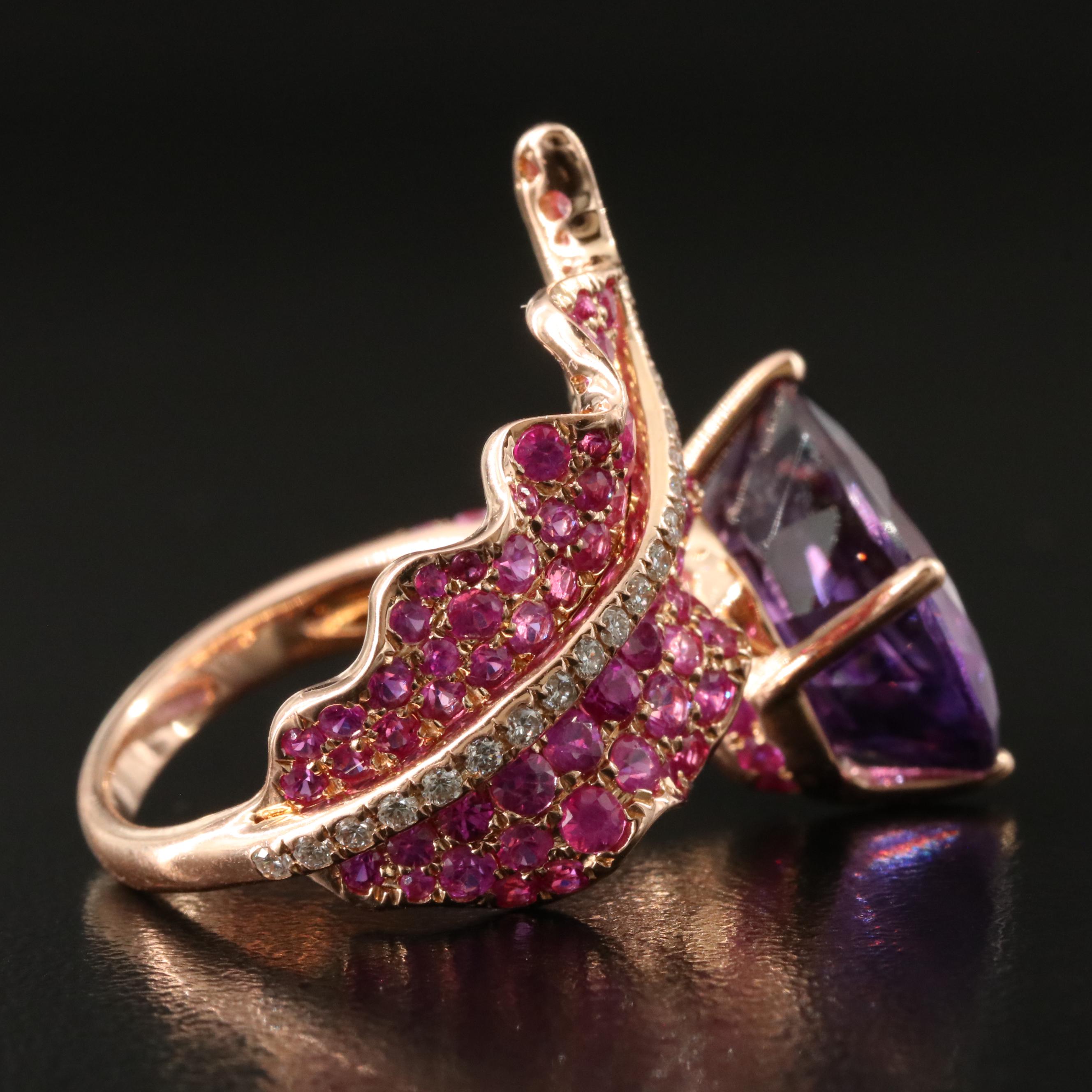 18K Rose Gold 9.60 CT Amethyst, Pink Sapphire and Diamond Bypass Ring