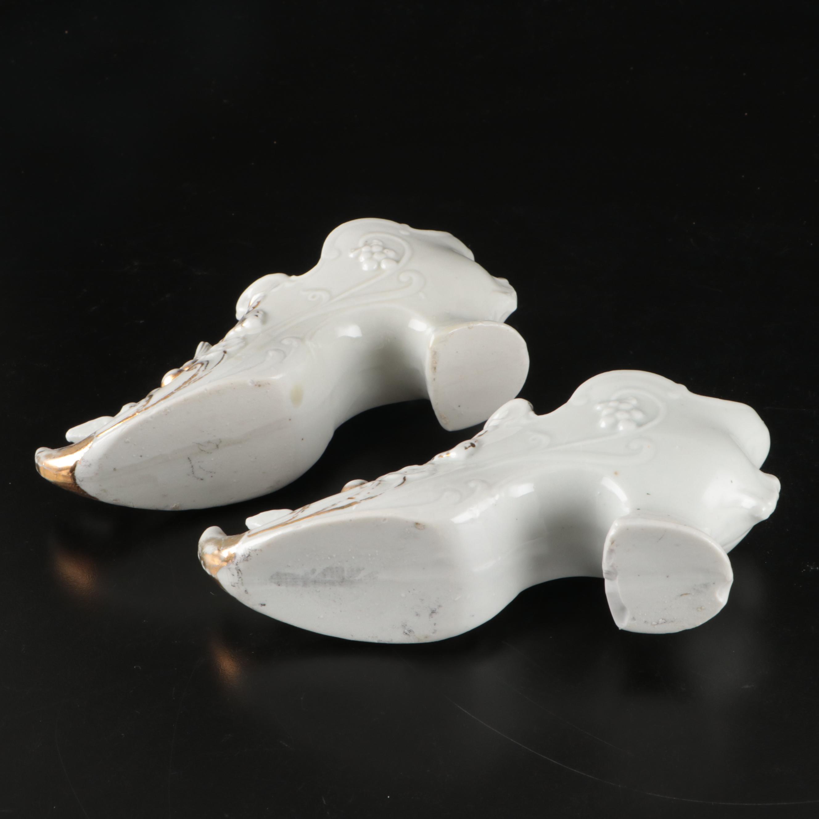 Victorian Style Gilt Accented Porcelain Shoe Vases, Early to Mid-20th Century