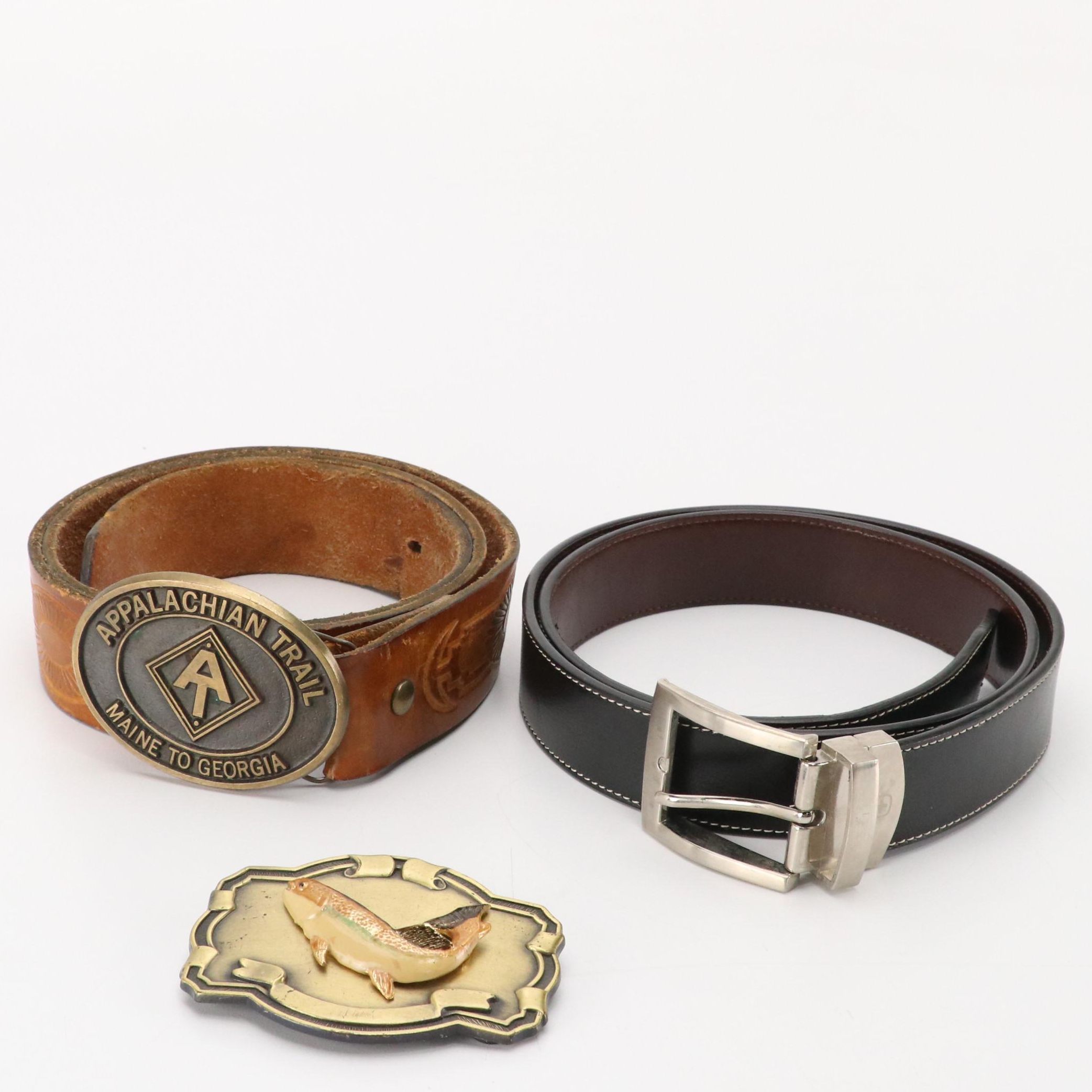 Tooled Leather and Leather/Bonded Leather Belts with Other Trophy Belt Buckle