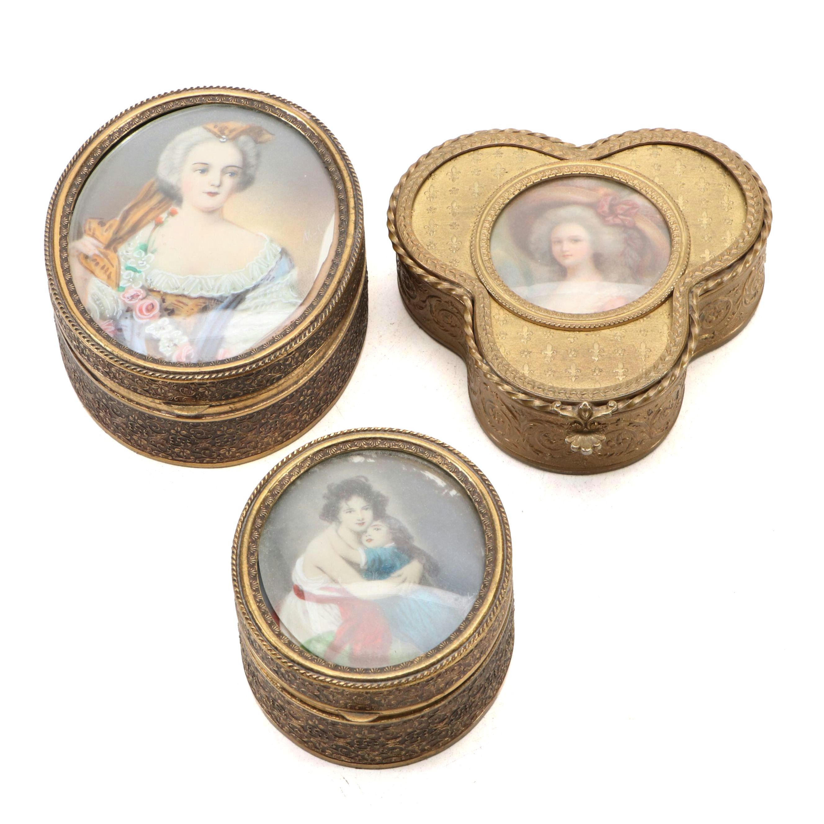 French Style Miniature Portrait Gilt Metal Jewelry Boxes