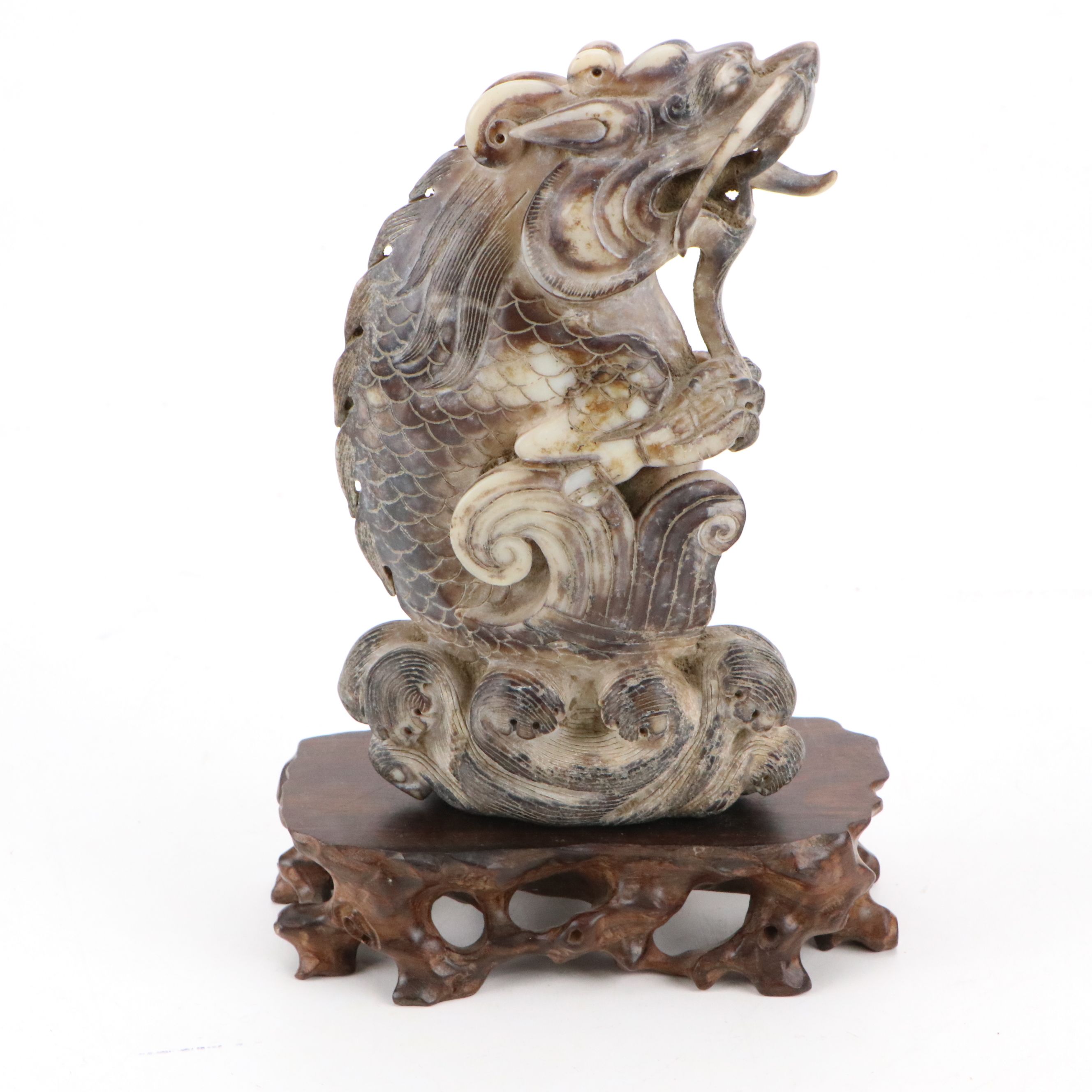 Chinese Hand-Carved Serpentine Guardian Lion Figurine on Wood Base