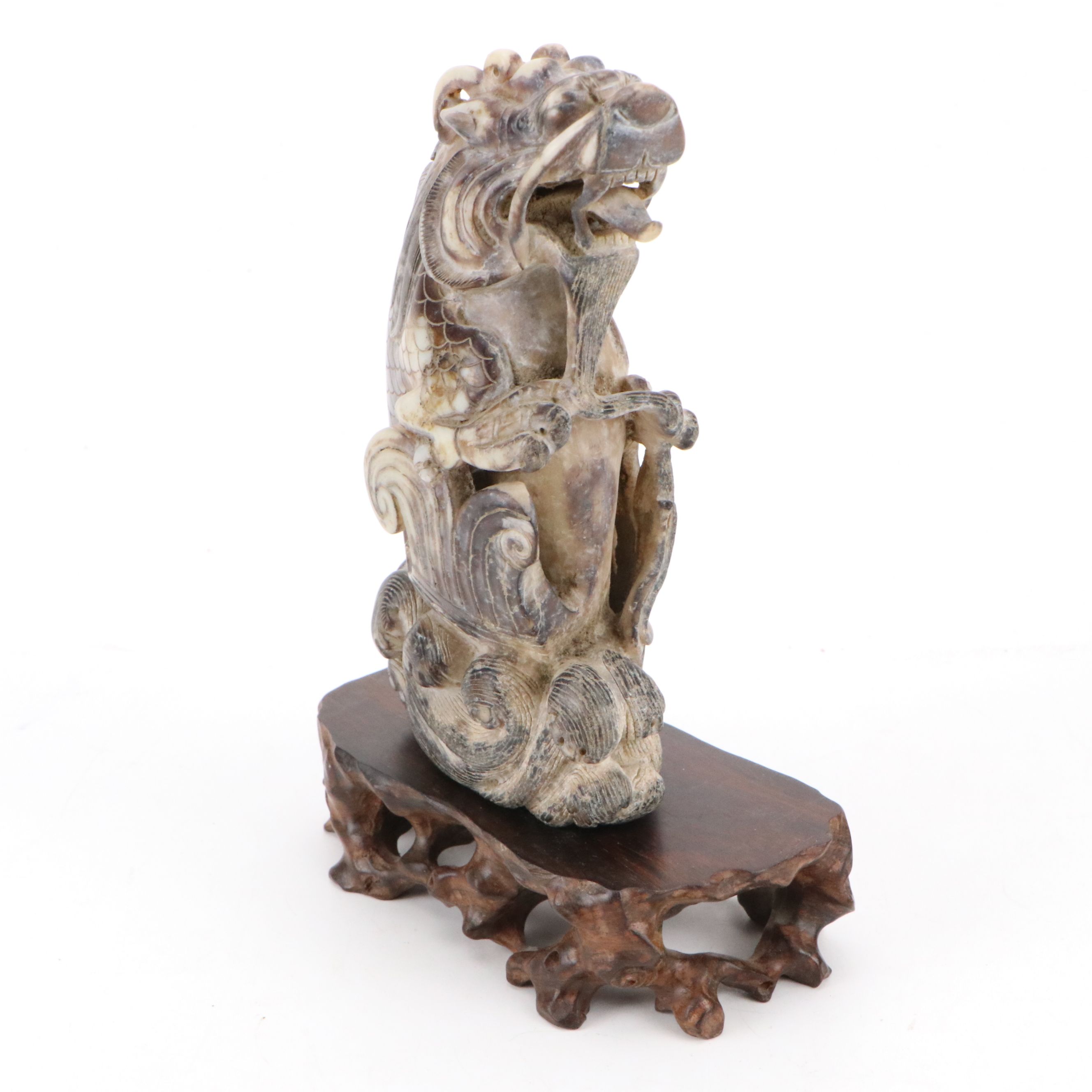Chinese Hand-Carved Serpentine Guardian Lion Figurine on Wood Base