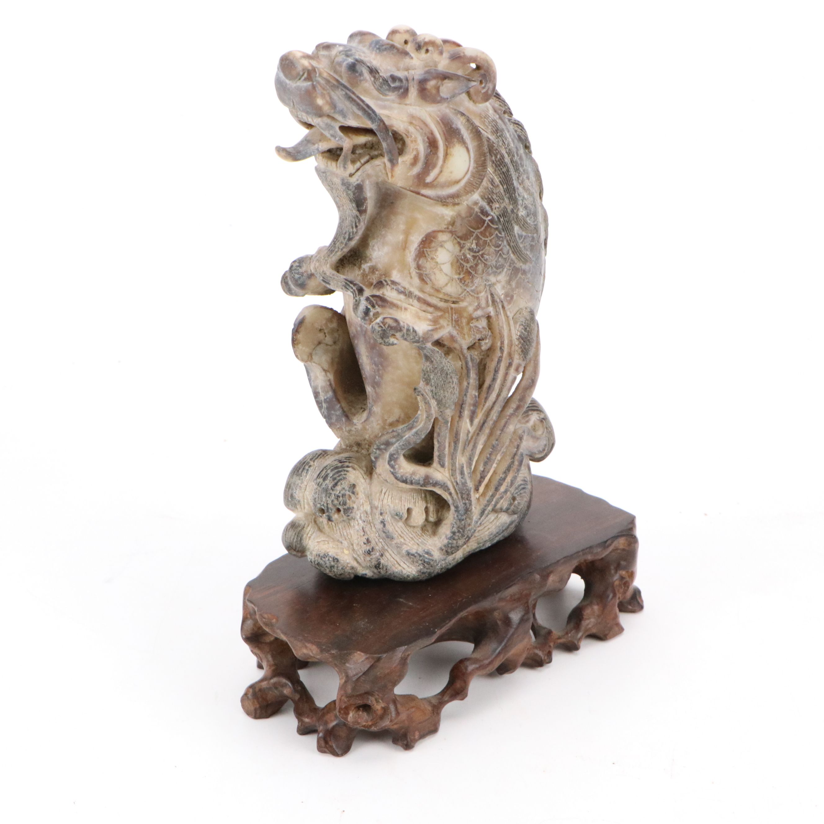 Chinese Hand-Carved Serpentine Guardian Lion Figurine on Wood Base
