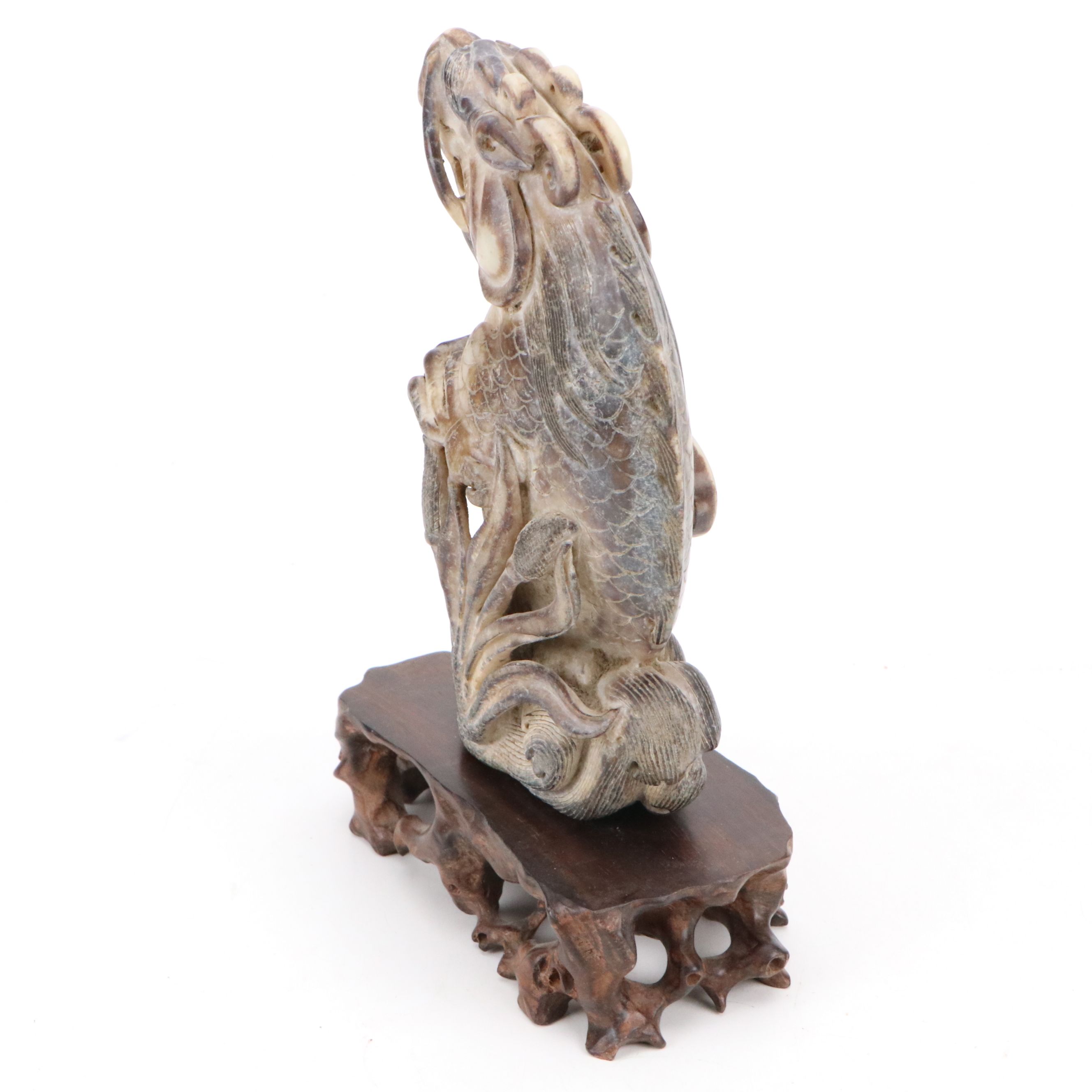 Chinese Hand-Carved Serpentine Guardian Lion Figurine on Wood Base