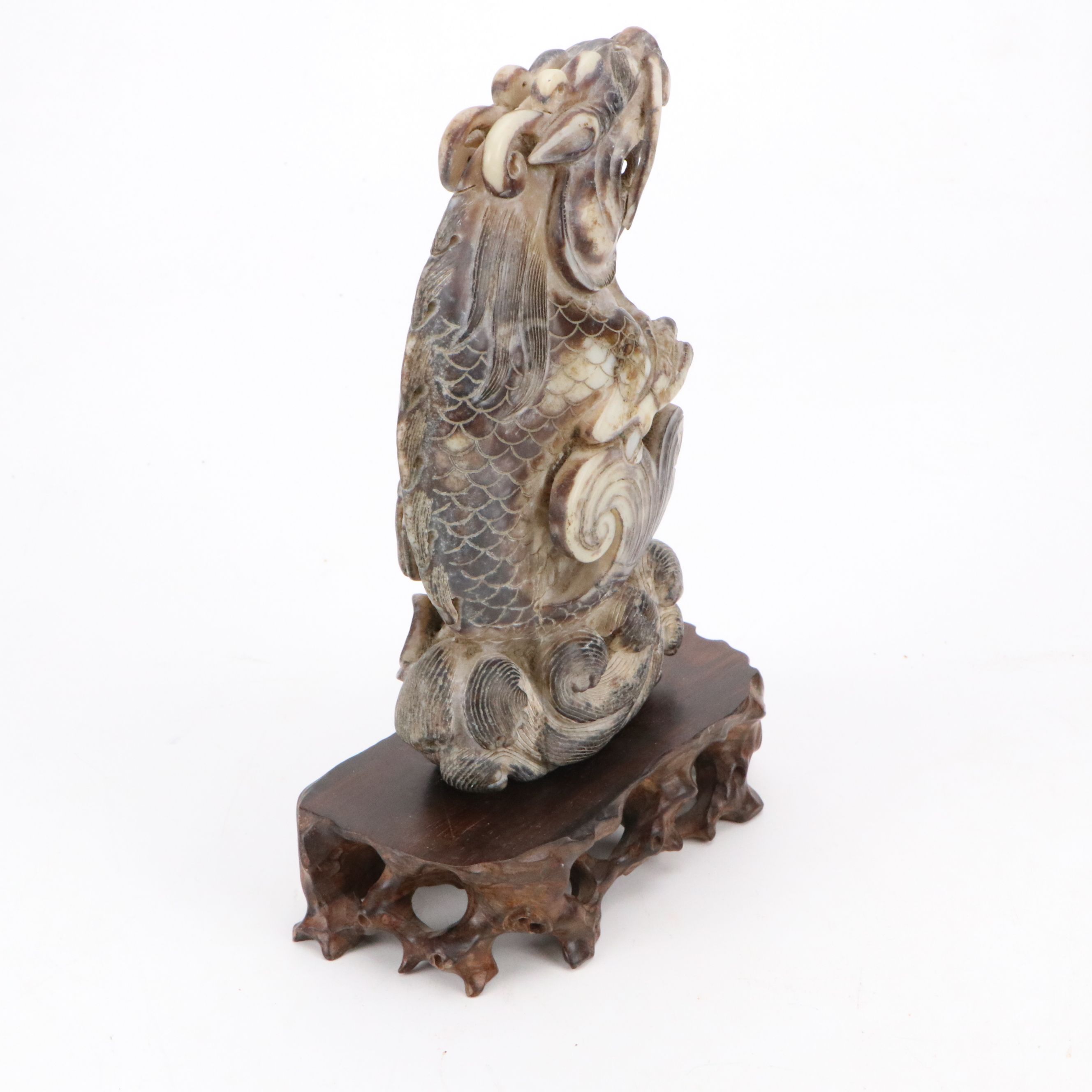 Chinese Hand-Carved Serpentine Guardian Lion Figurine on Wood Base