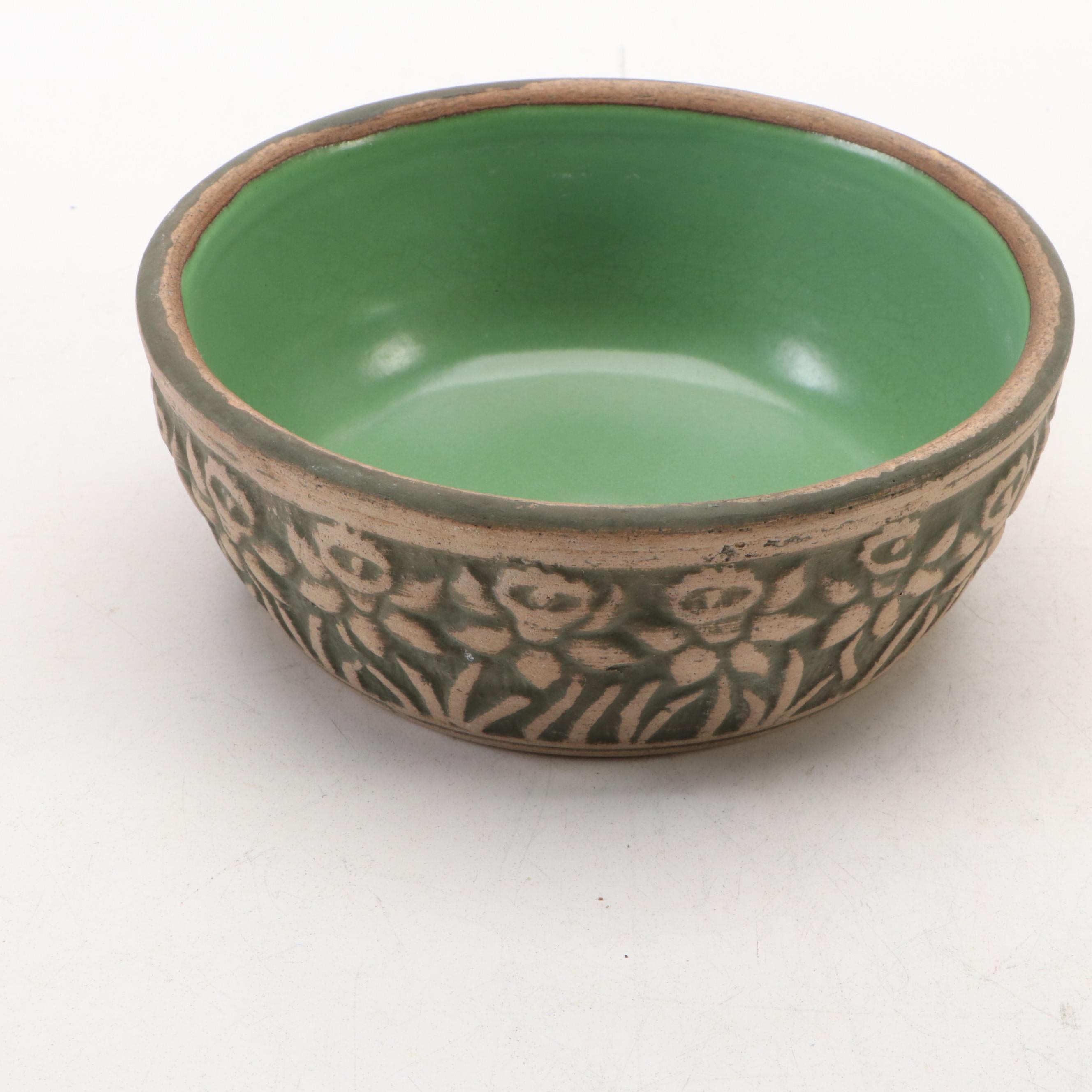 Van Briggle Pottery Philodendron Leaf Vase with Daffodil Stoneware Bowl