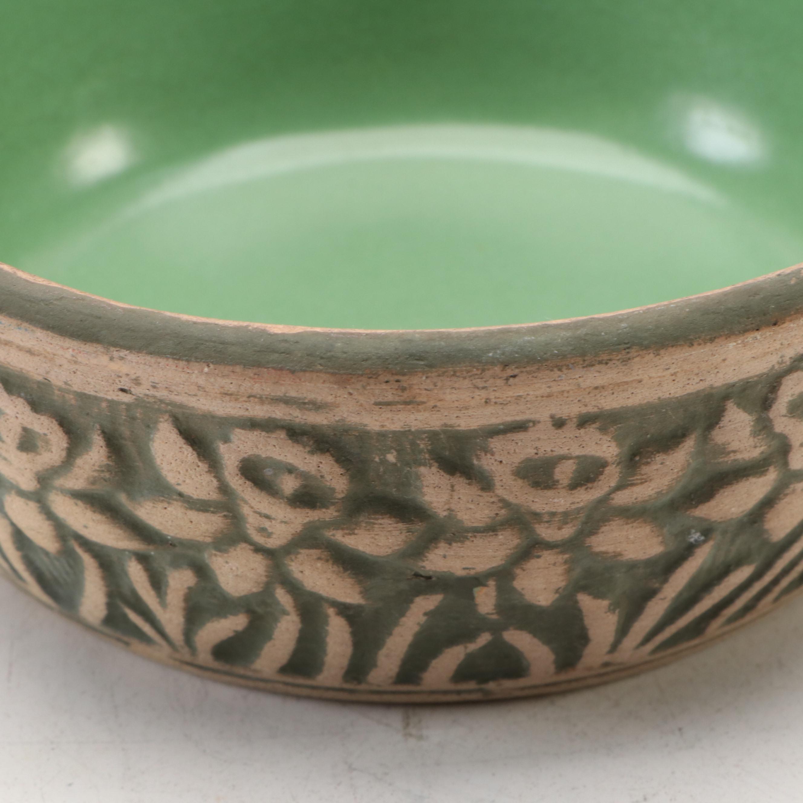 Van Briggle Pottery Philodendron Leaf Vase with Daffodil Stoneware Bowl