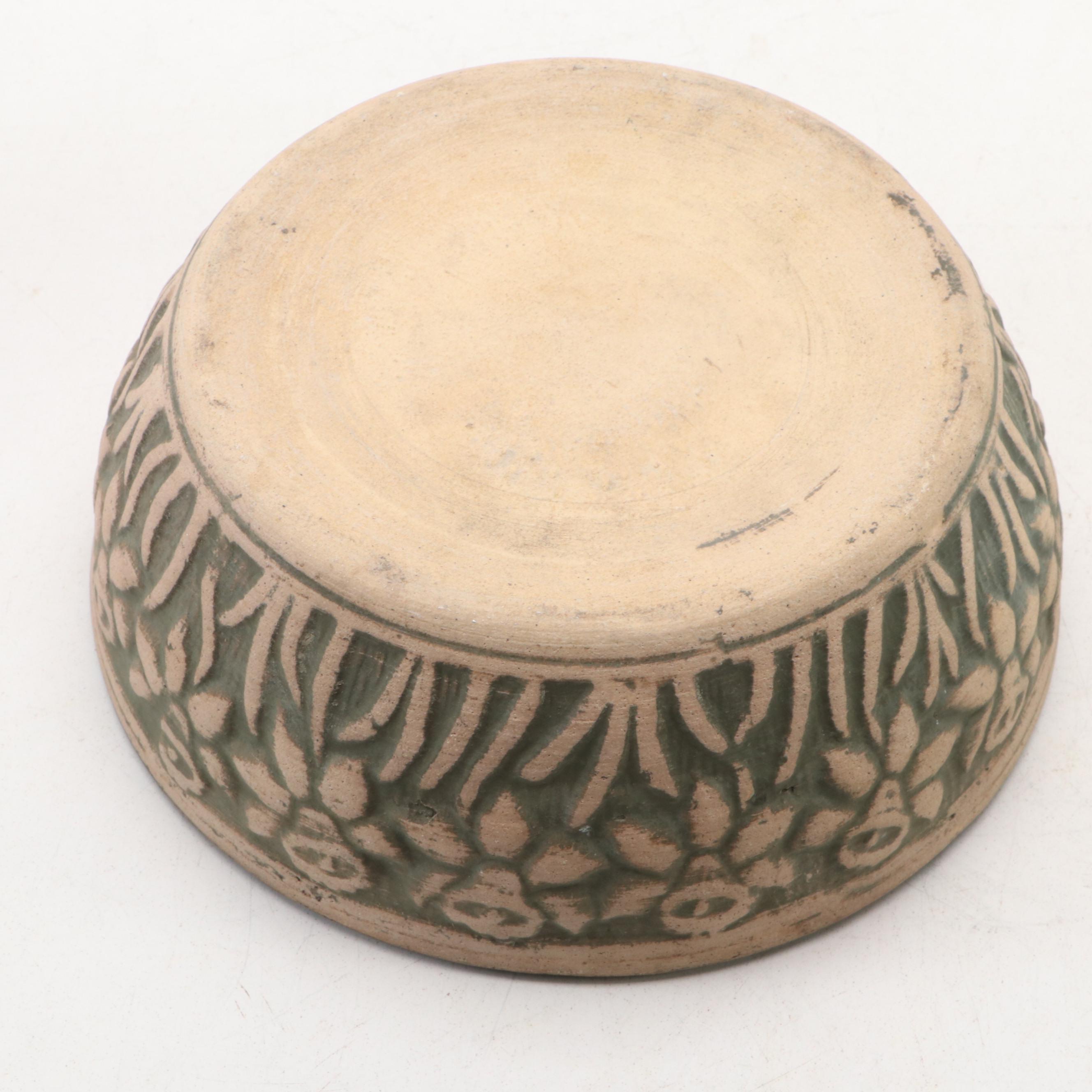 Van Briggle Pottery Philodendron Leaf Vase with Daffodil Stoneware Bowl