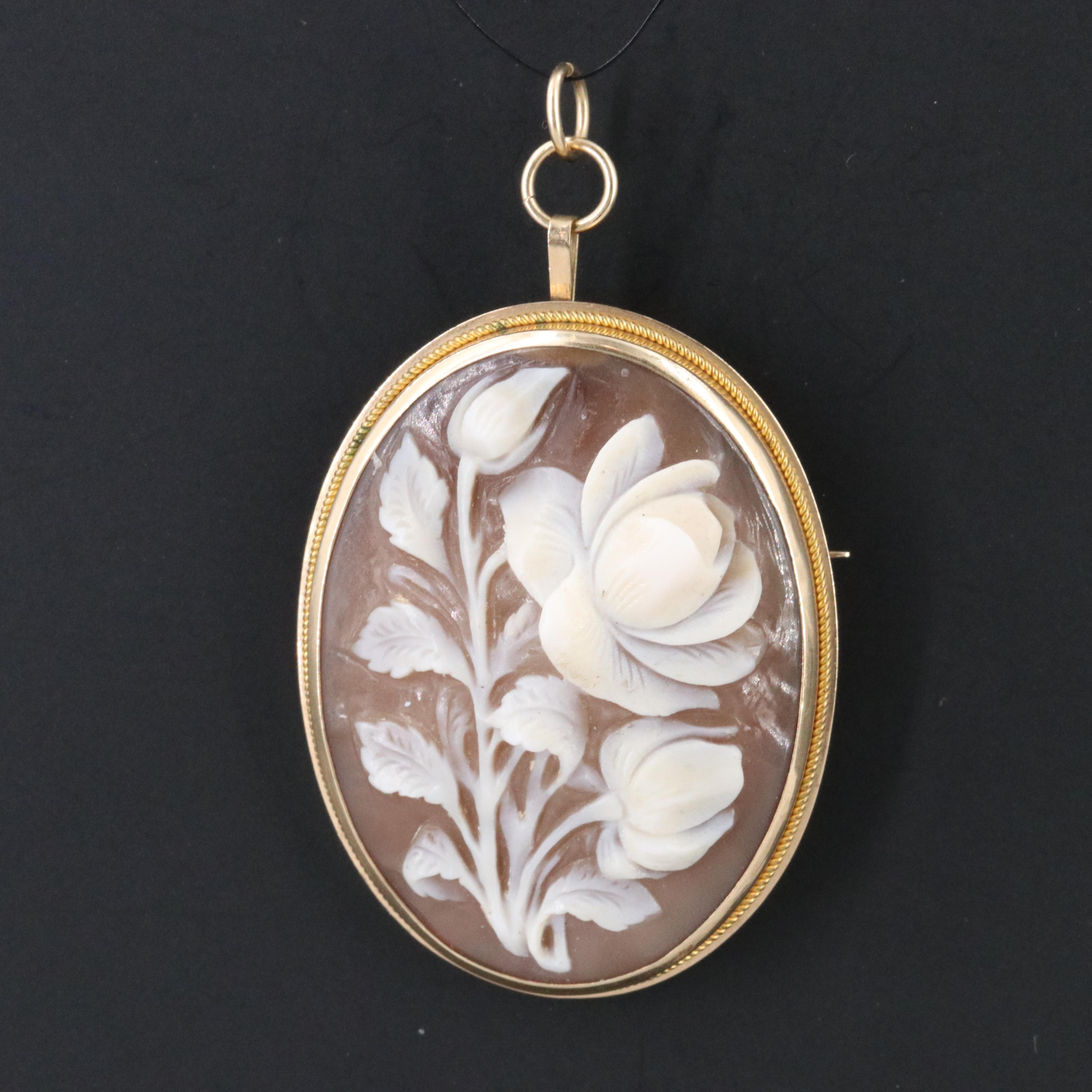 Vintage 10K Shell Rose Cameo Converter Brooch