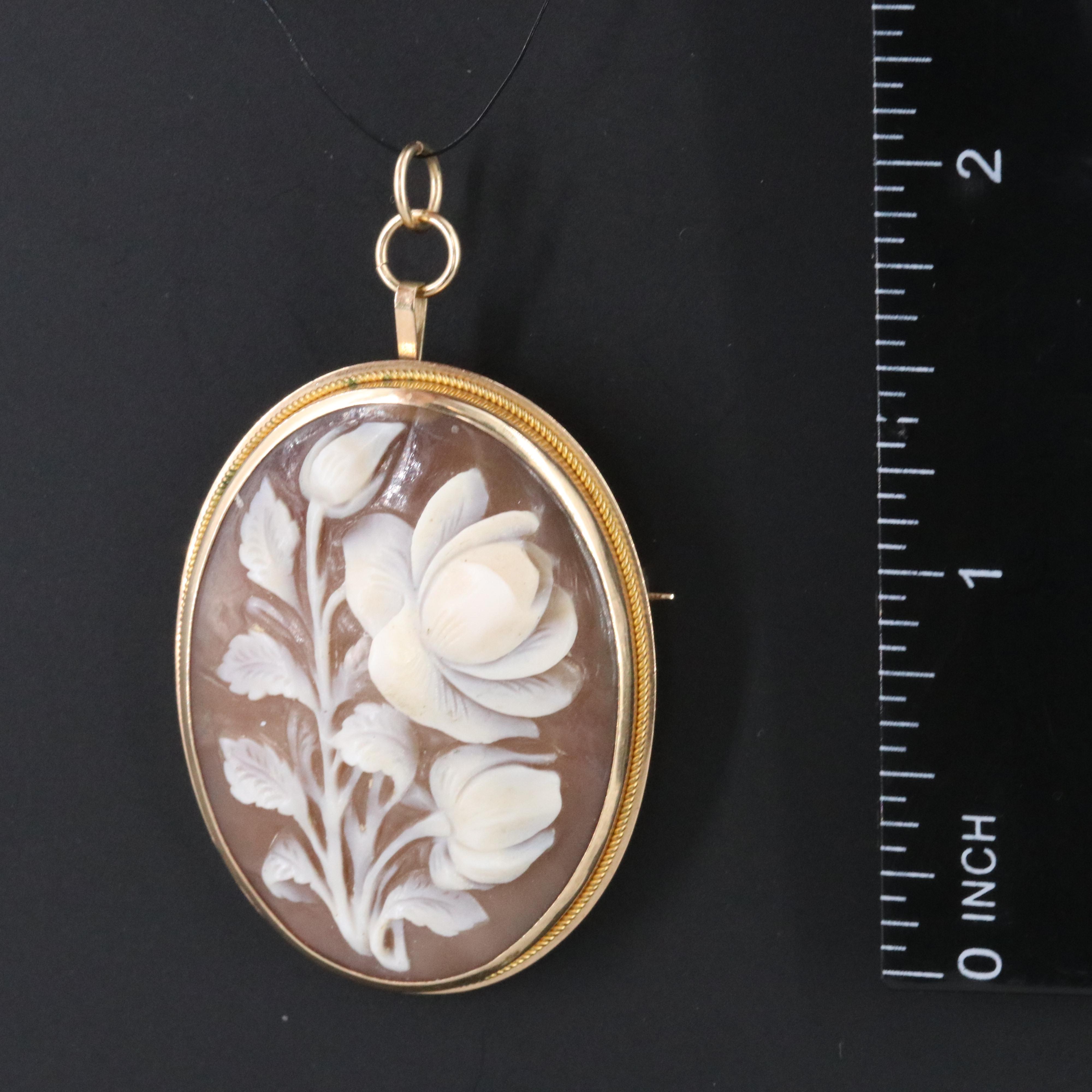 Vintage 10K Shell Rose Cameo Converter Brooch