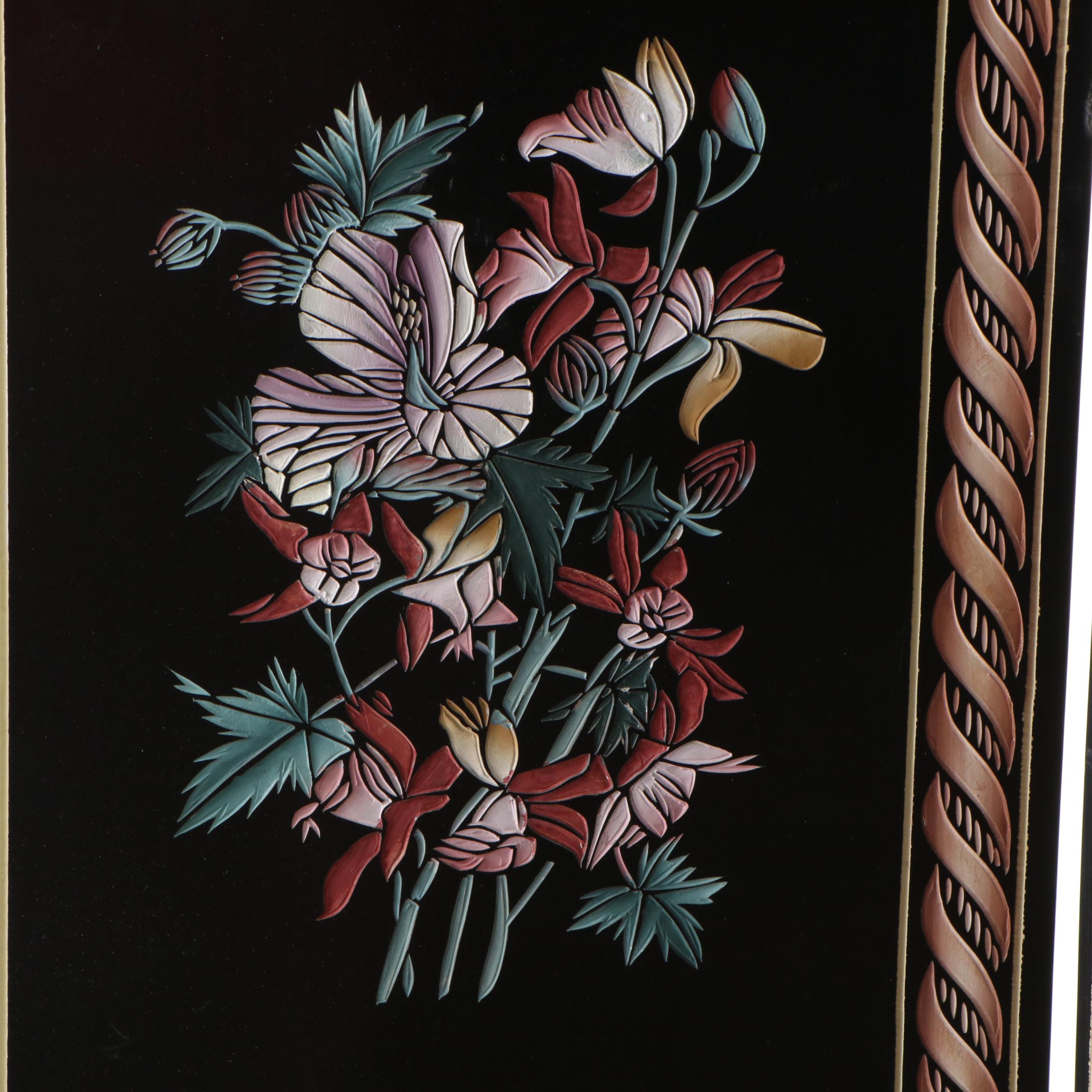 Chinoiserie Black Lacquered Three-Panel Room Screen with Floral Decoration