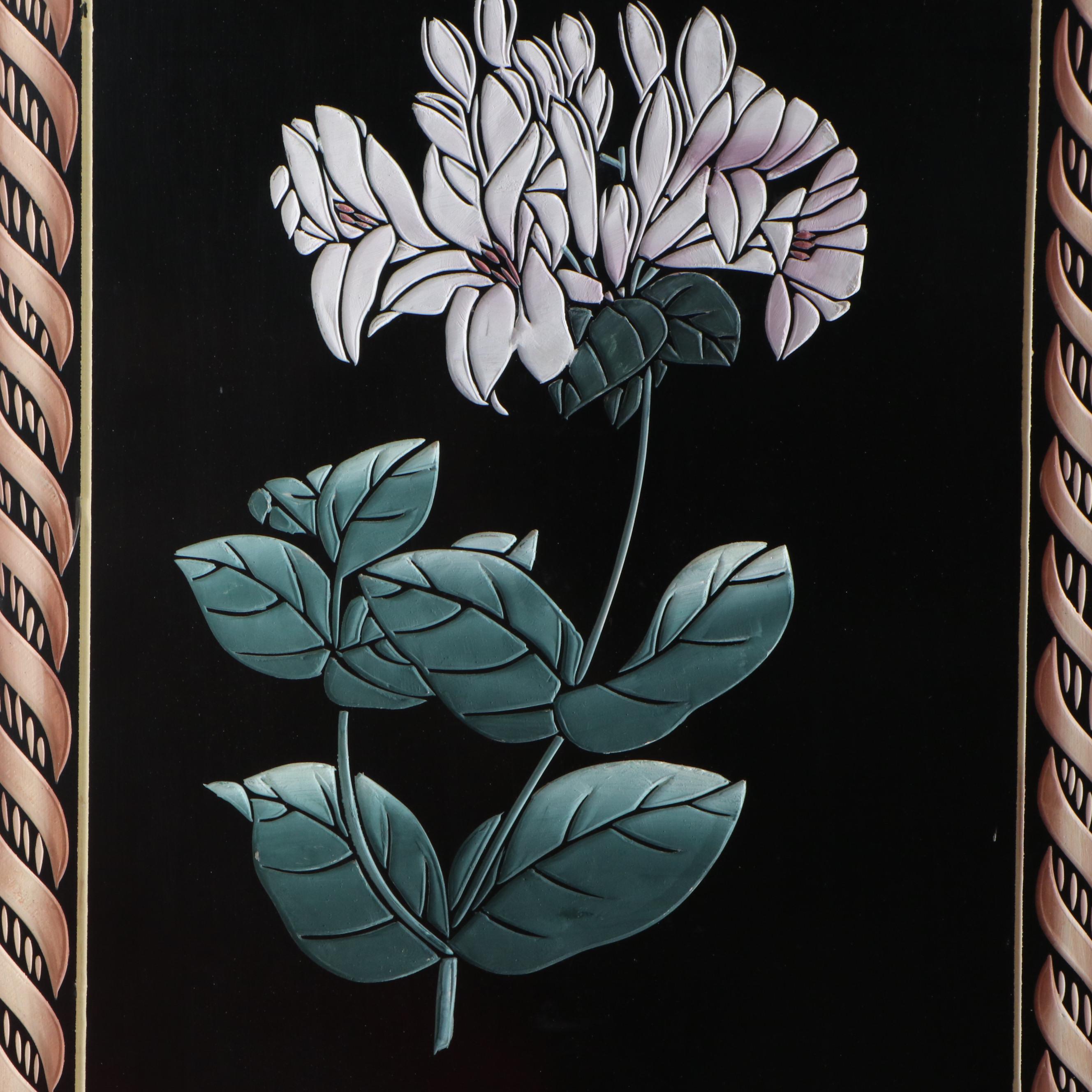 Chinoiserie Black Lacquered Three-Panel Room Screen with Floral Decoration
