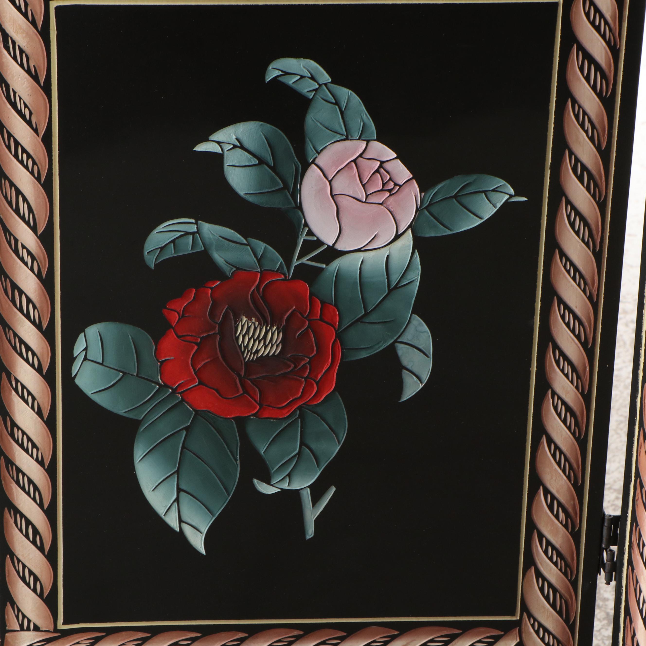 Chinoiserie Black Lacquered Three-Panel Room Screen with Floral Decoration