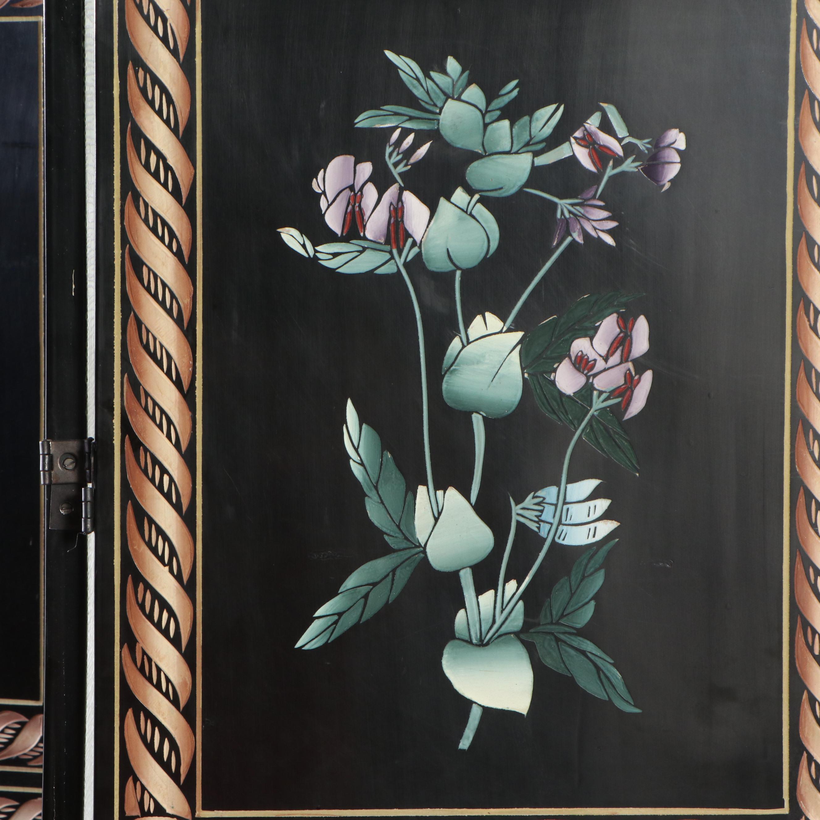 Chinoiserie Black Lacquered Three-Panel Room Screen with Floral Decoration