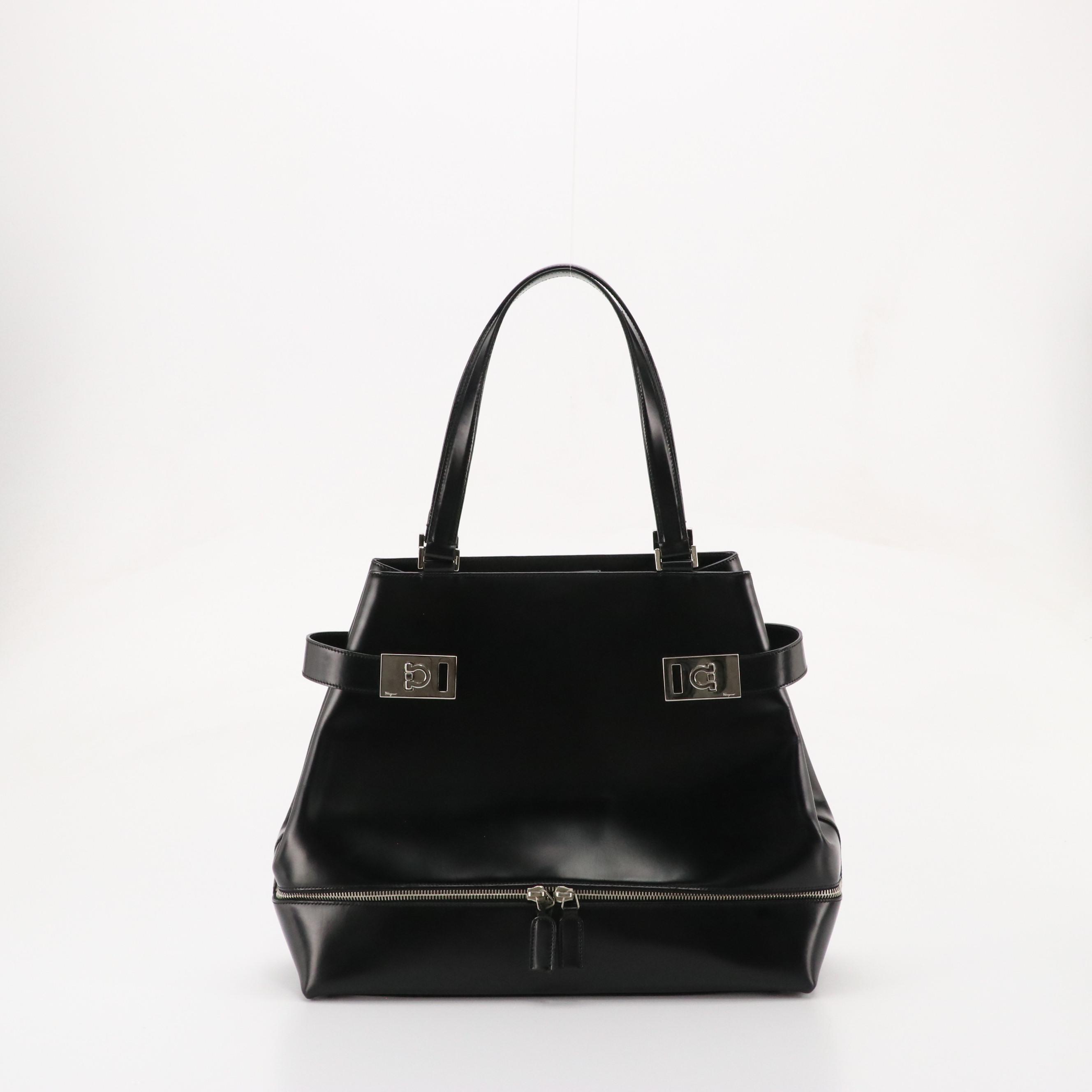 Salvatore Ferragamo Gancini Shoulder Tote in Black Leather