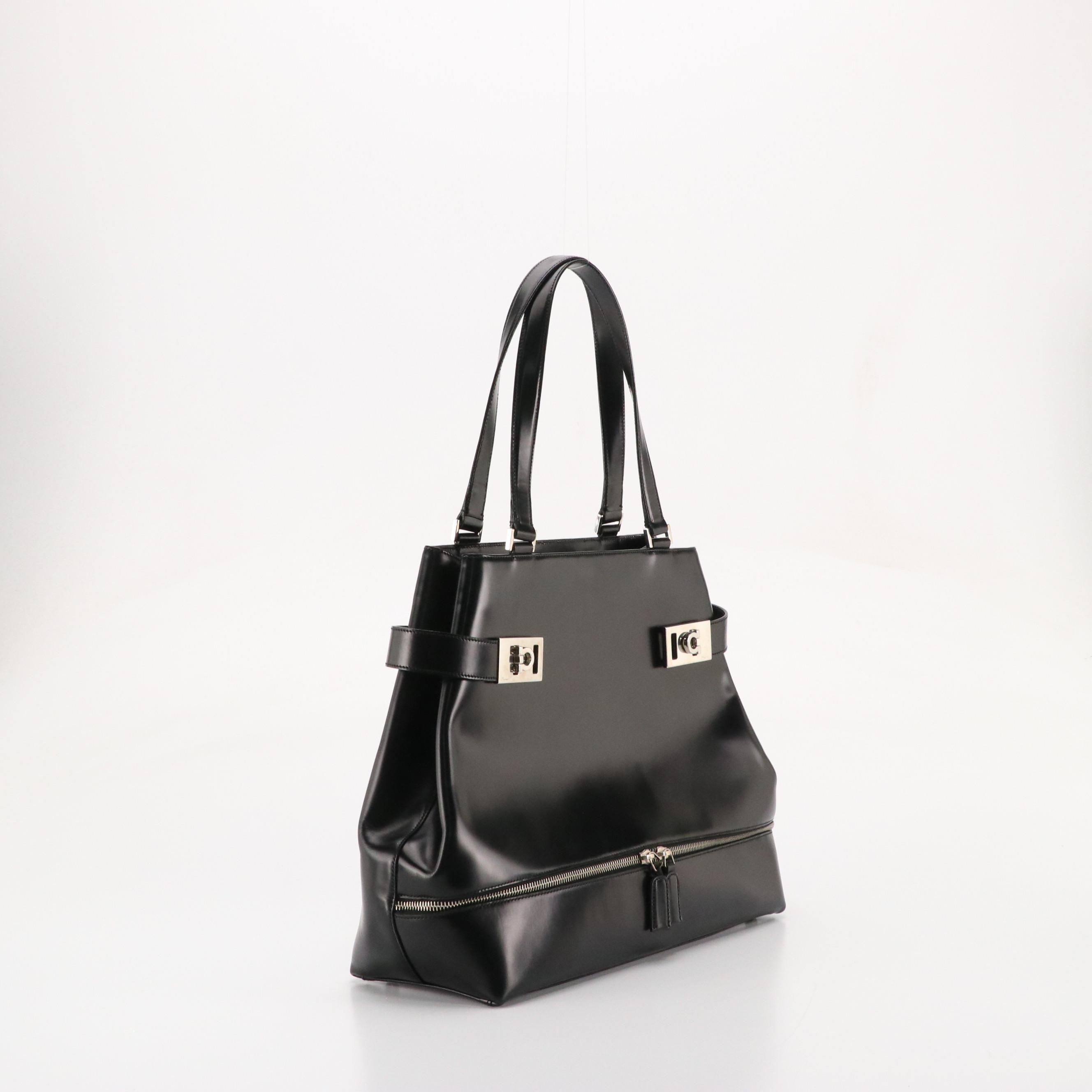 Salvatore Ferragamo Gancini Shoulder Tote in Black Leather